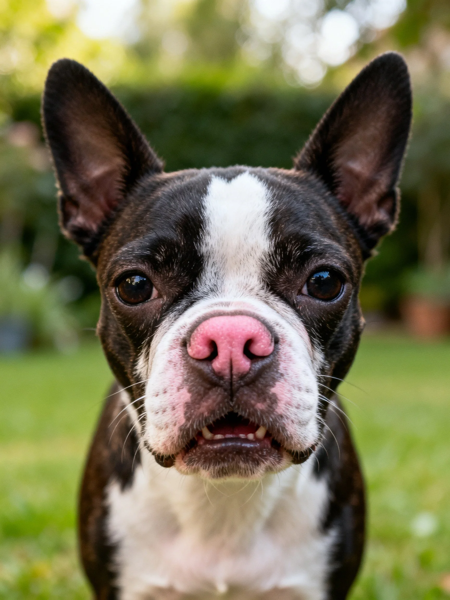 A close - up of a Boston Terrier with distinctive markings standing on grass.