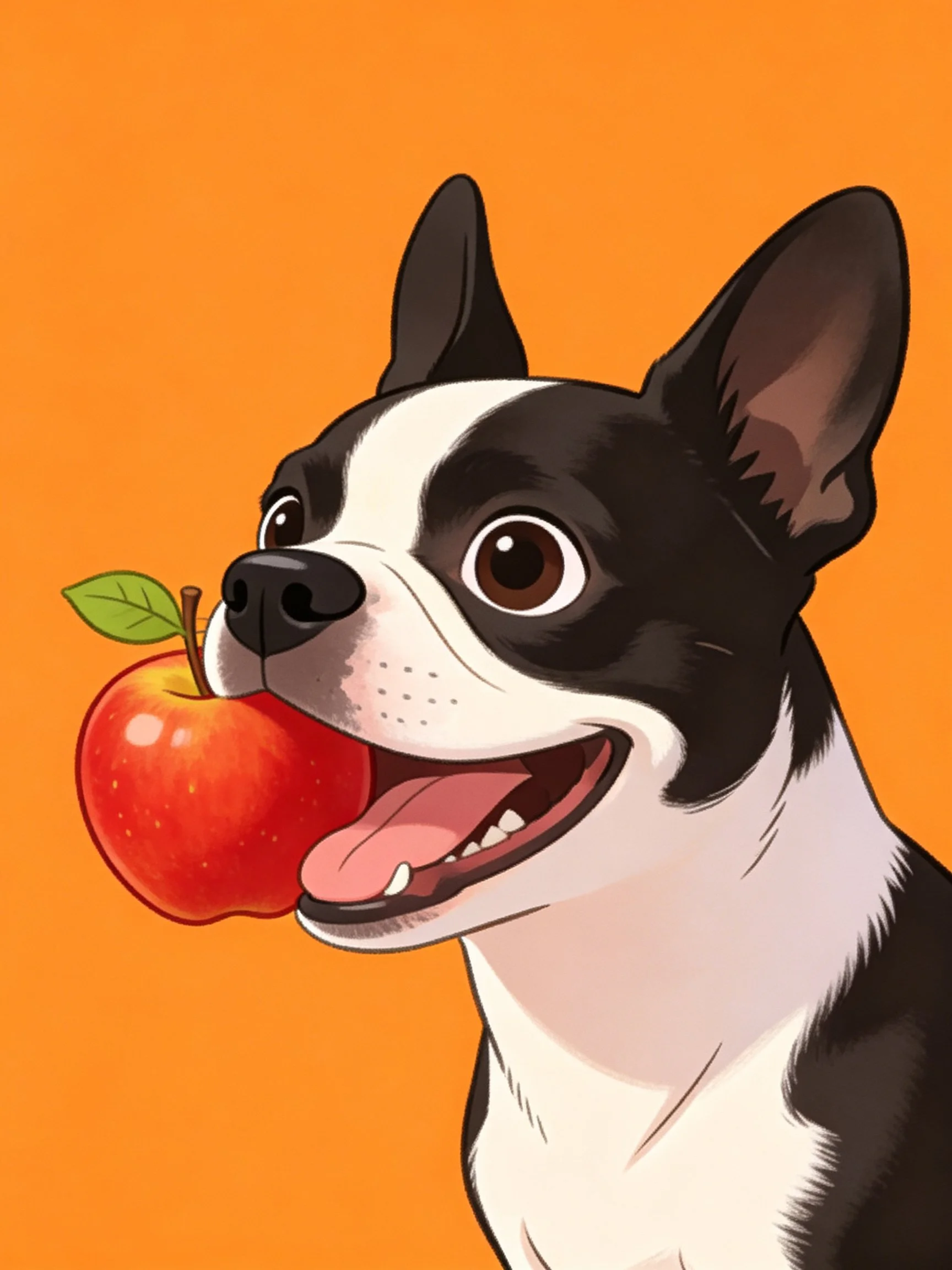 A Boston Terrier with black and white fur holds a red apple against an orange background