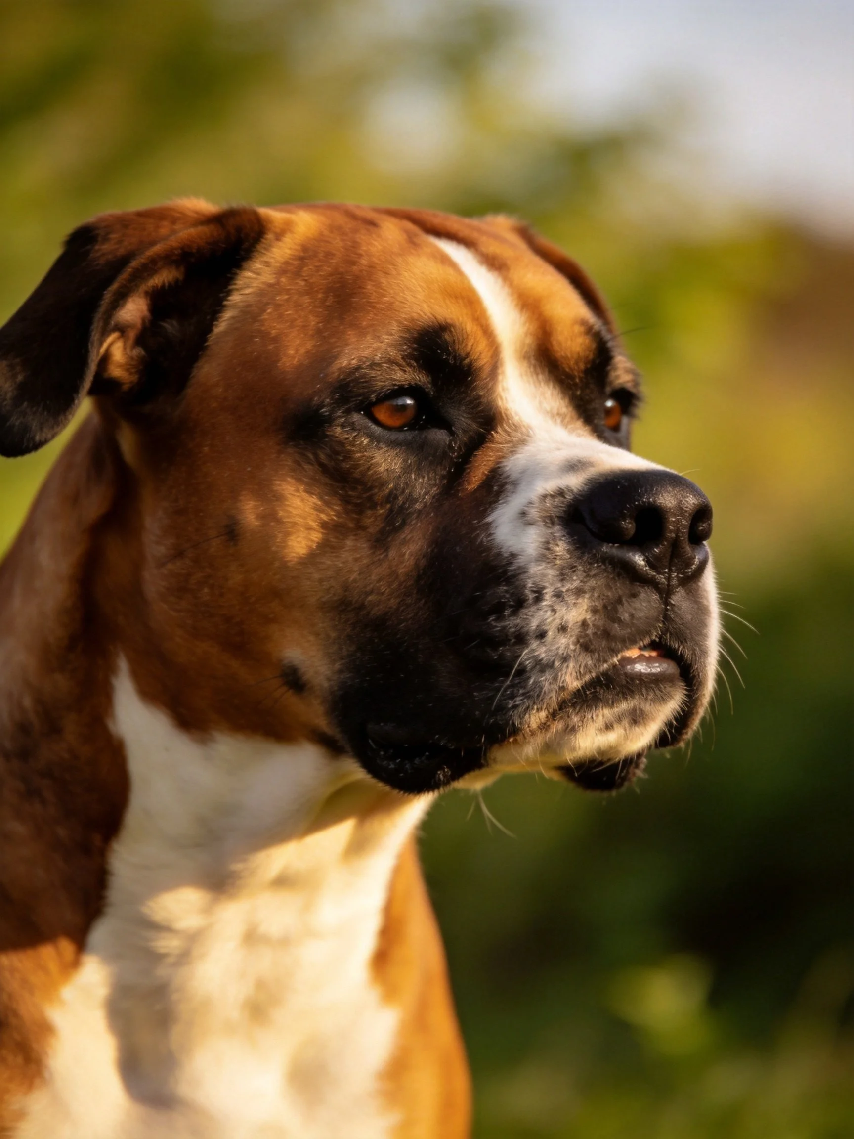 A Boxer Dog with Brown and White Fur in a Sunny Outdoor Scene