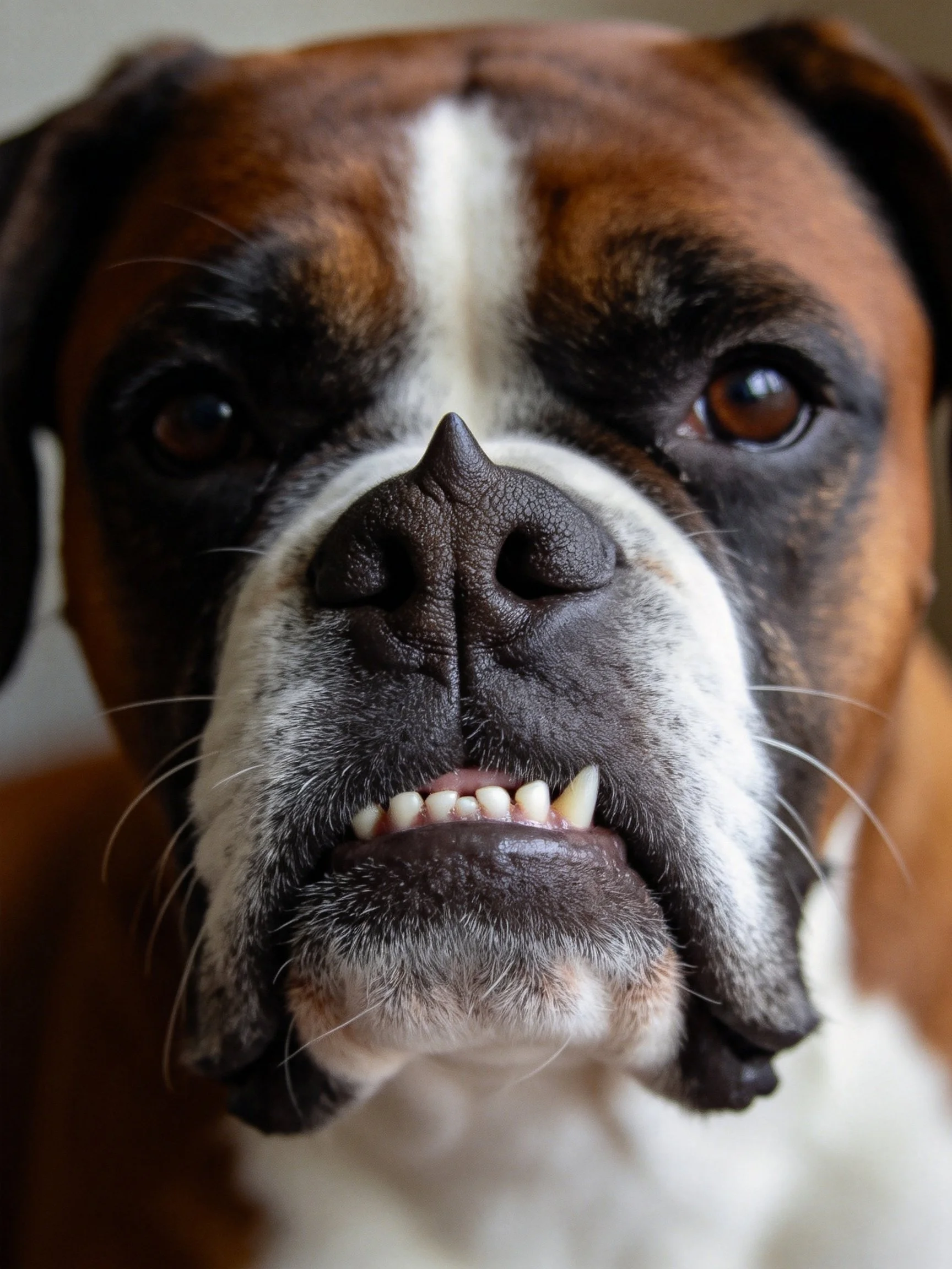 A Boxer dog with brown, black, and white fur shown in close - up
