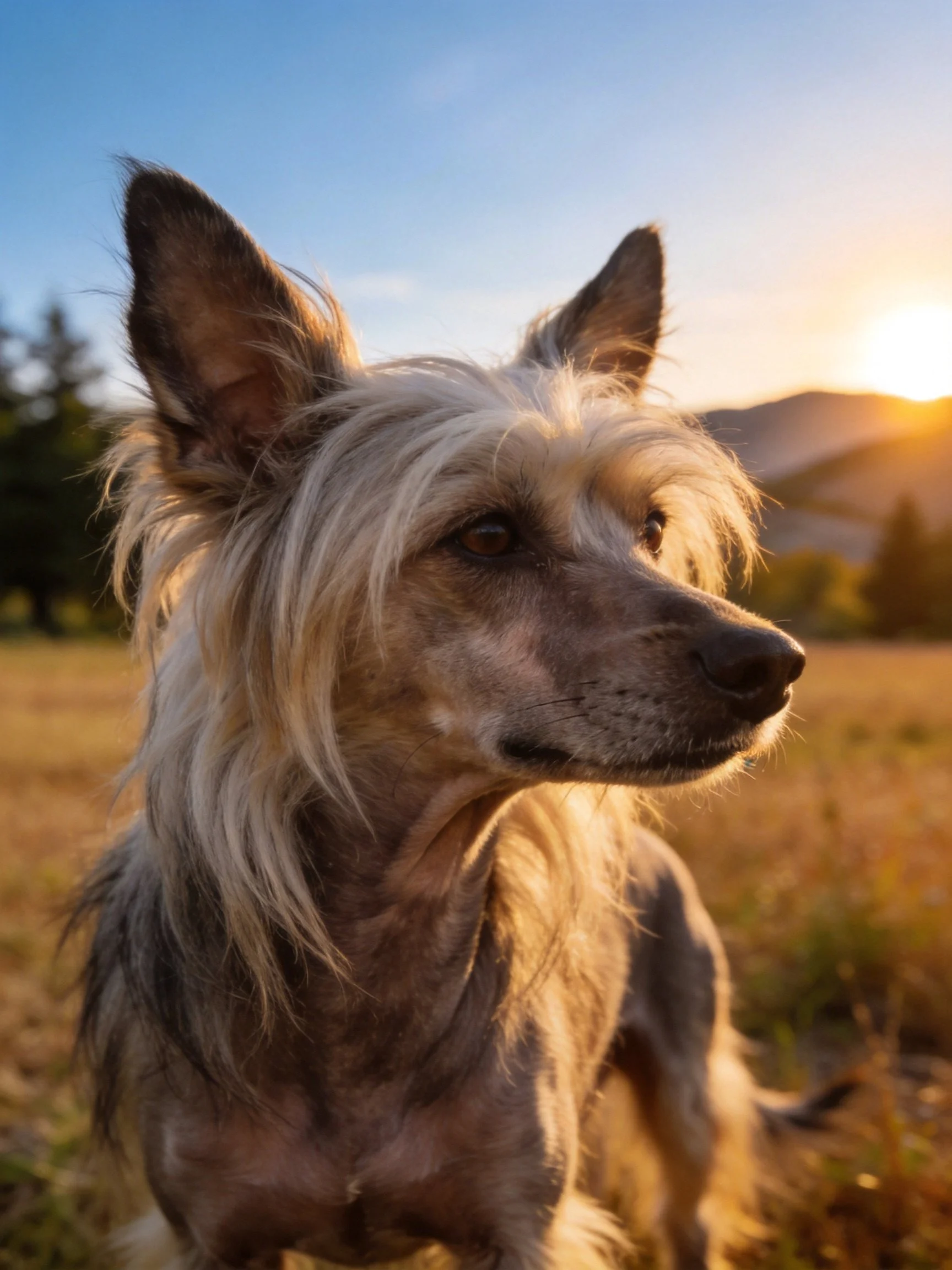A Chinese Crested Dog with Long White Fur in a Sunset Field