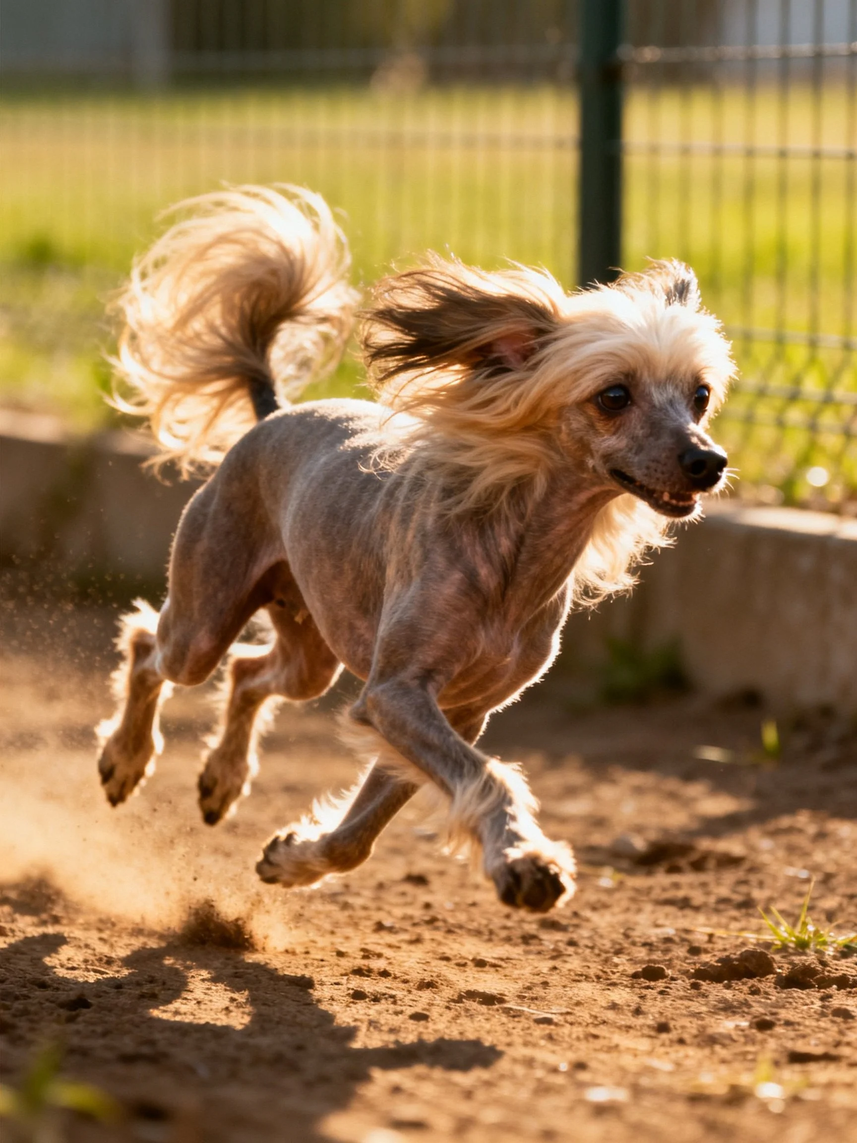 A Chinese Crested dog runs energetically on dusty ground