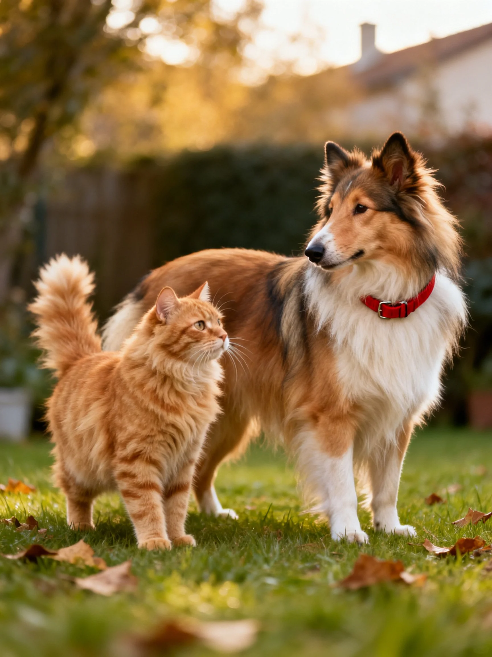 A Collie Dog and Ginger Cat Stand Together in a Sunlit Garden