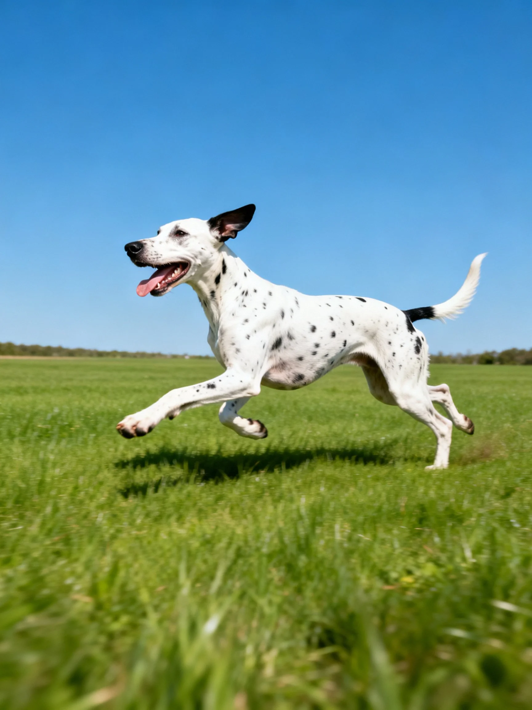 A Dalmatian dog bounds across a vibrant green field