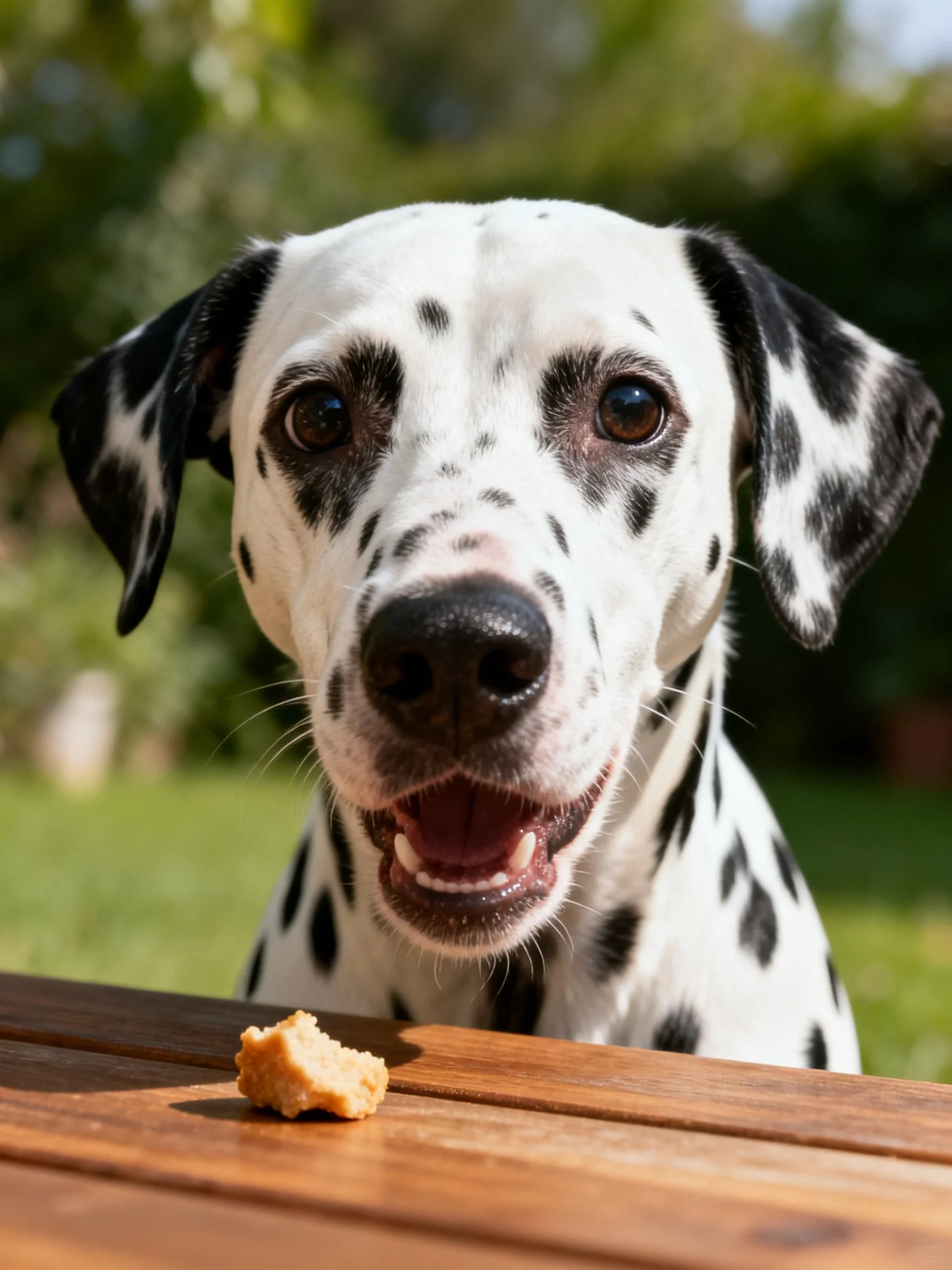 A Dalmatian dog gazes at a treat on a wooden outdoor table