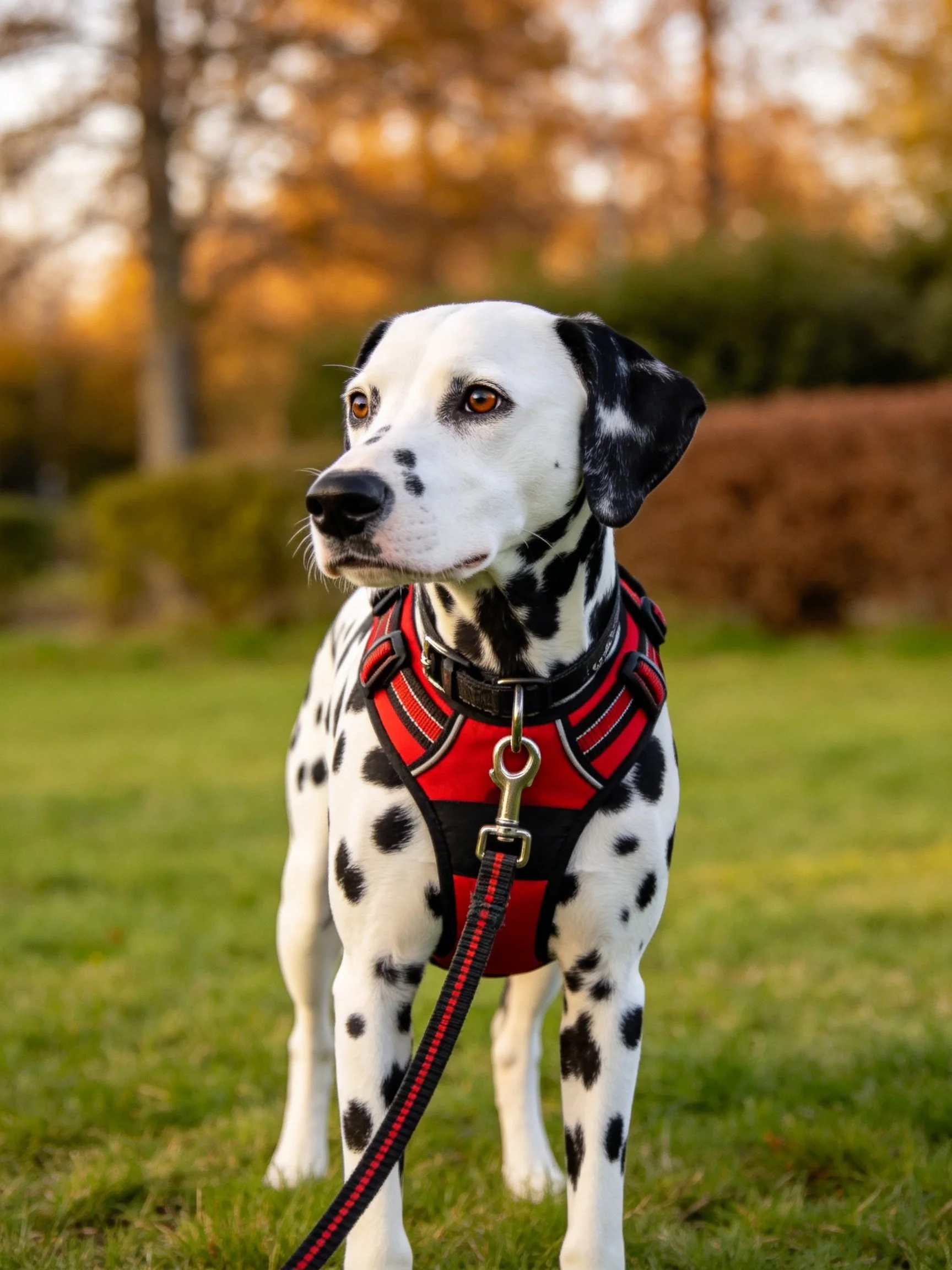 A Dalmatian dog in a red harness stands on grass.