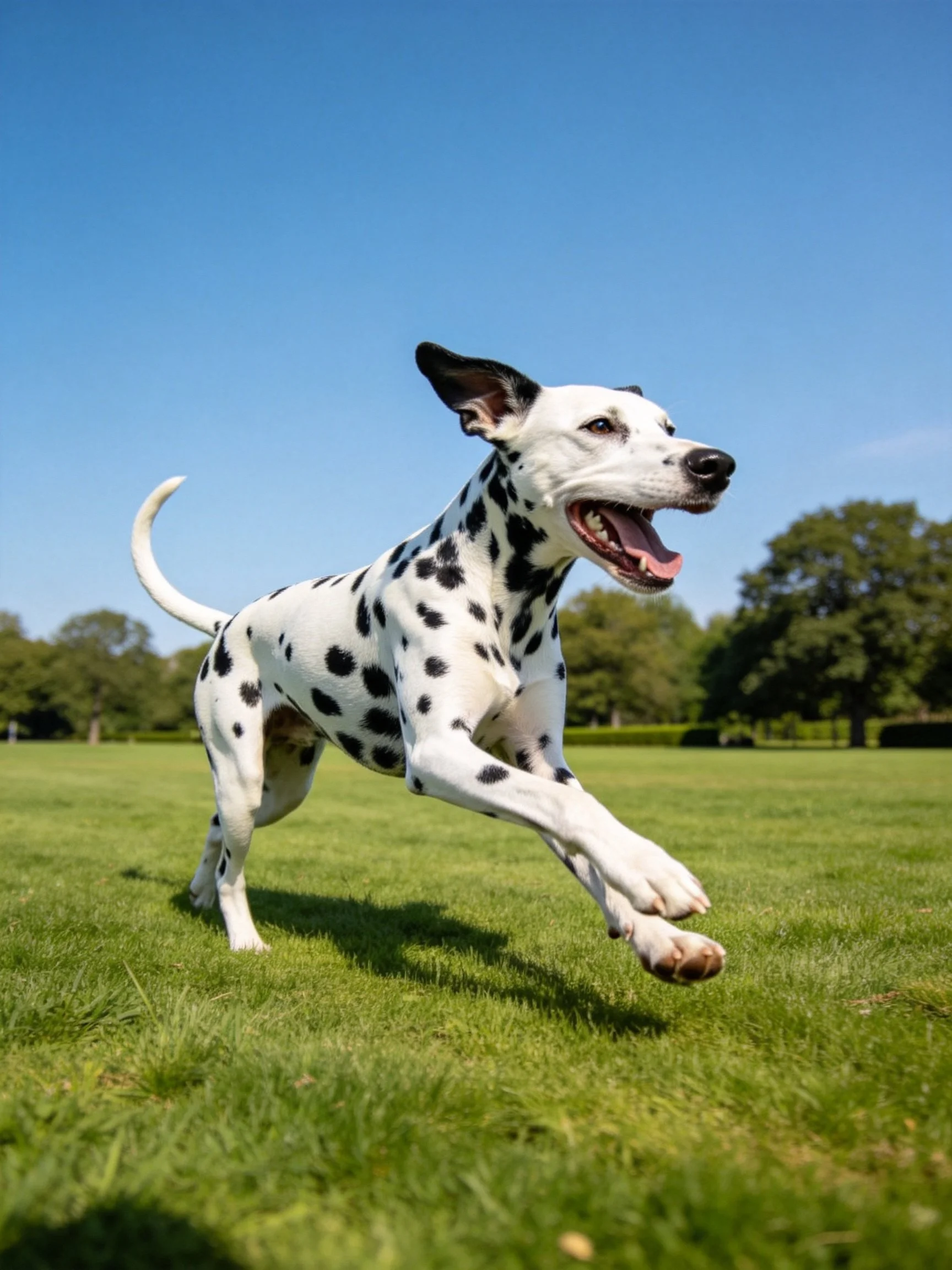 A Dalmatian dog joyfully leaping on lush green grass under bright blue sky