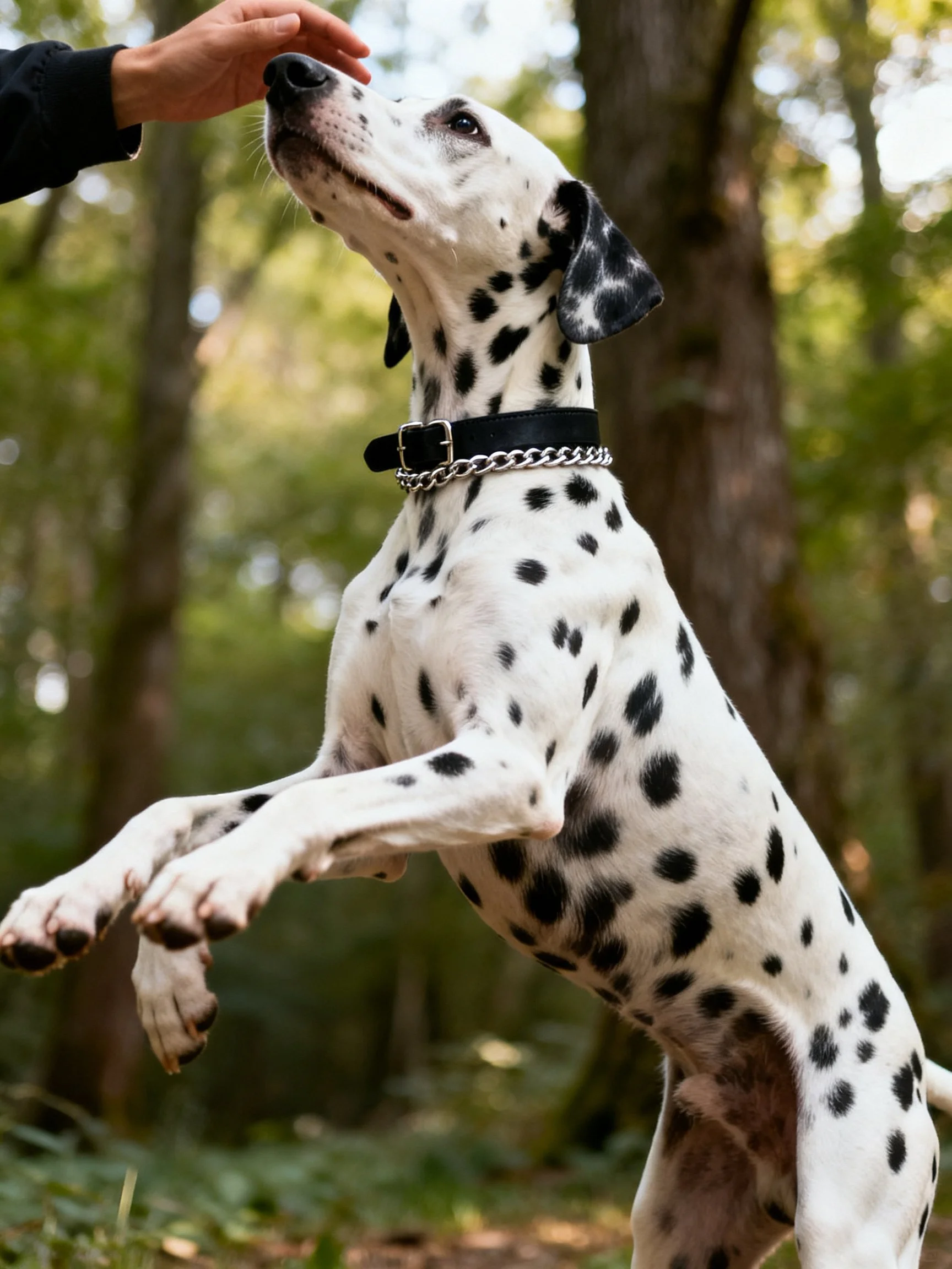A Dalmatian dog jumping toward a human hand in a forest