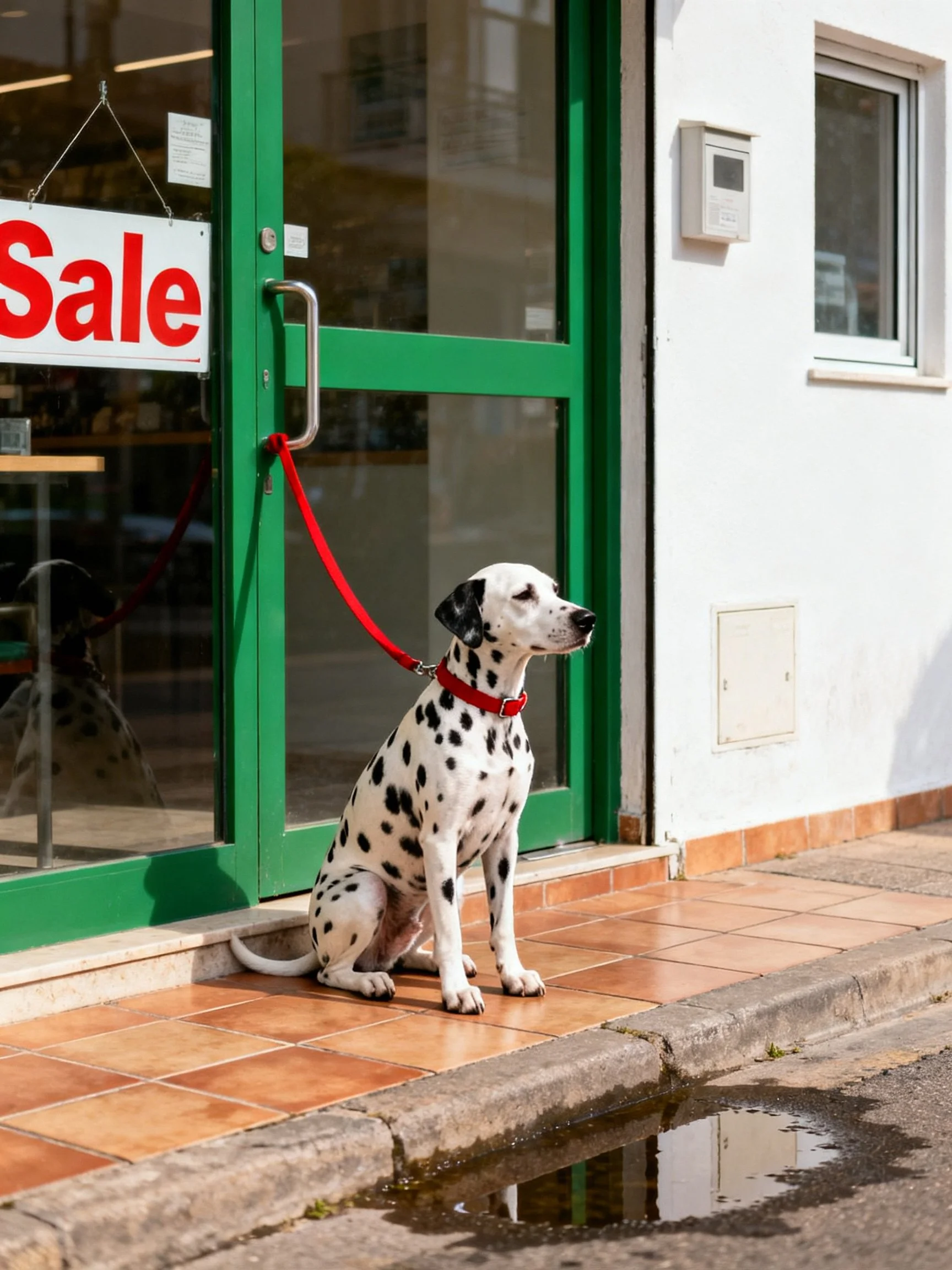 A Dalmatian dog leashed by a green storefront with a Sale sign