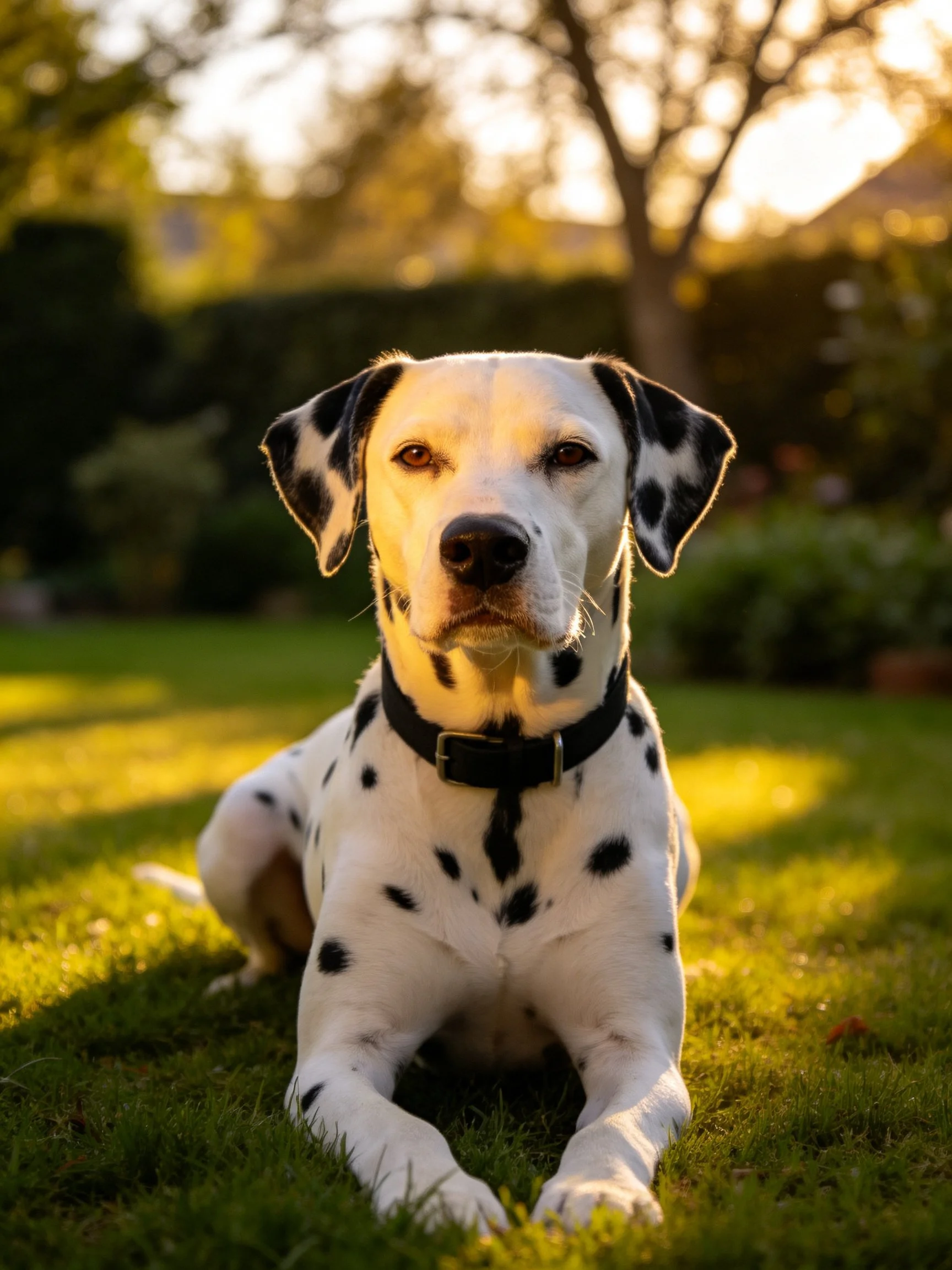 A Dalmatian dog lying on lush green grass in golden sunlight