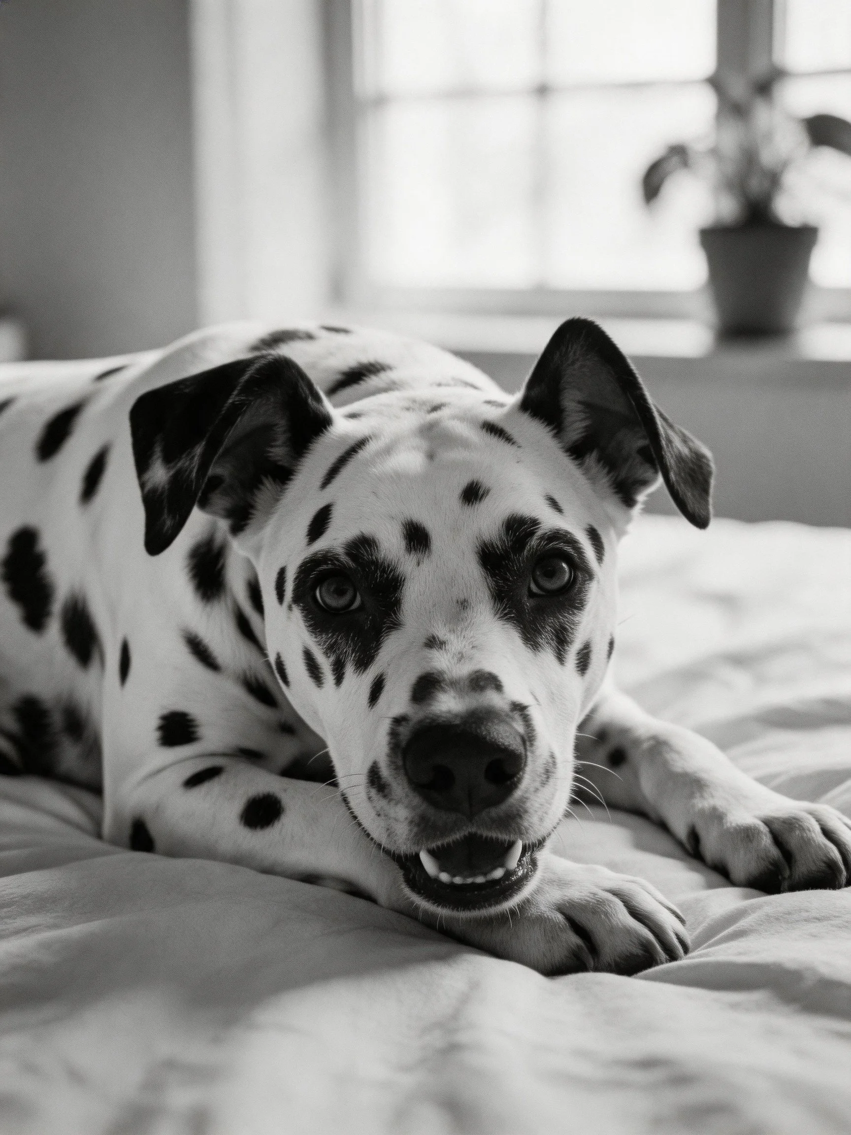 A Dalmatian dog resting on a bed near a sunlit window