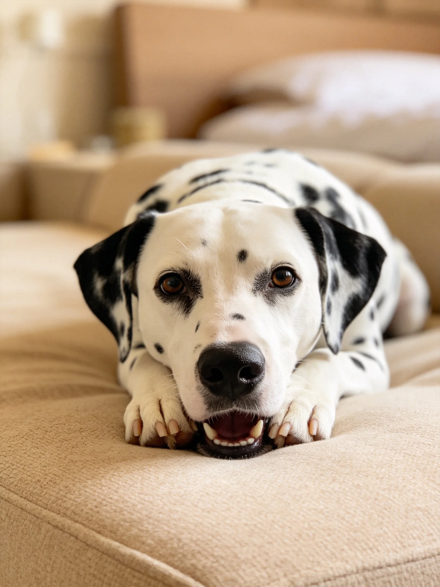 A Dalmatian dog resting on a beige couch with black spots
