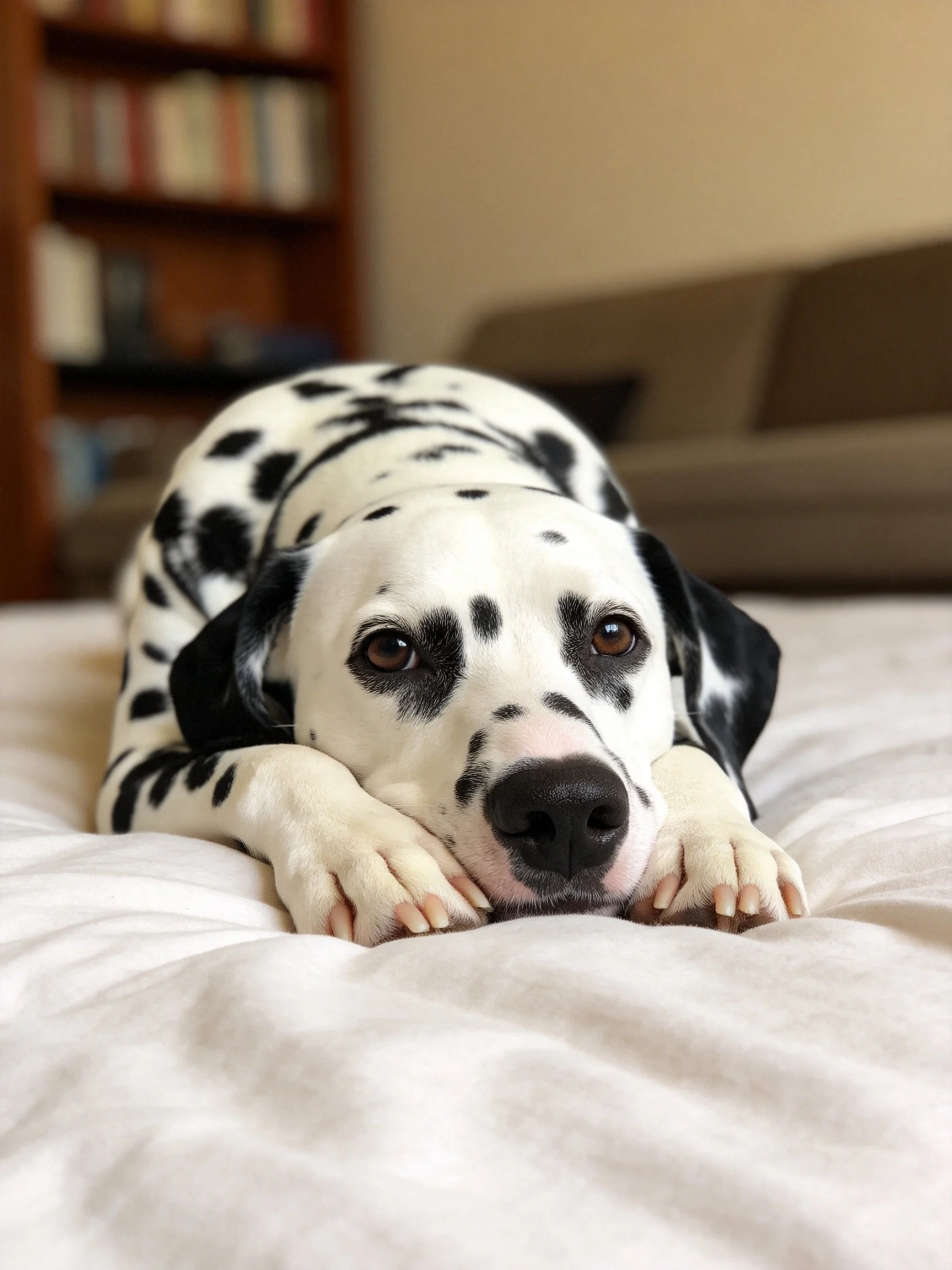 A Dalmatian dog resting on a white bed near bookshelves