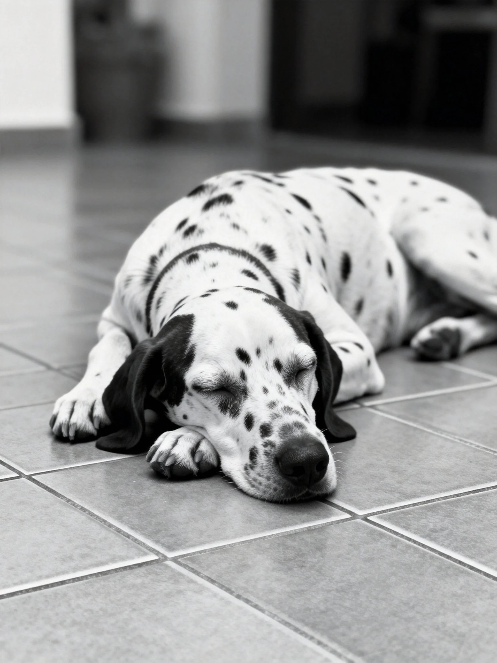 A Dalmatian dog resting on tiled flooring