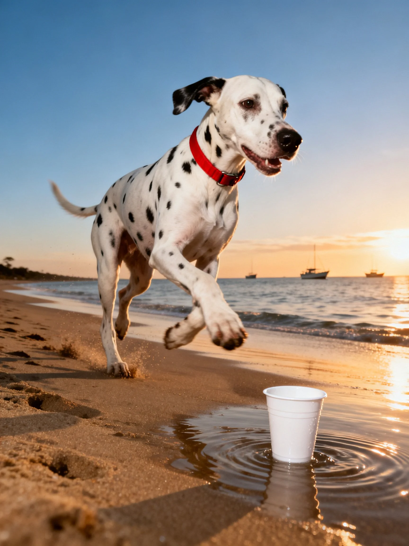 A Dalmatian dog running toward a cup on a sandy beach at sunset