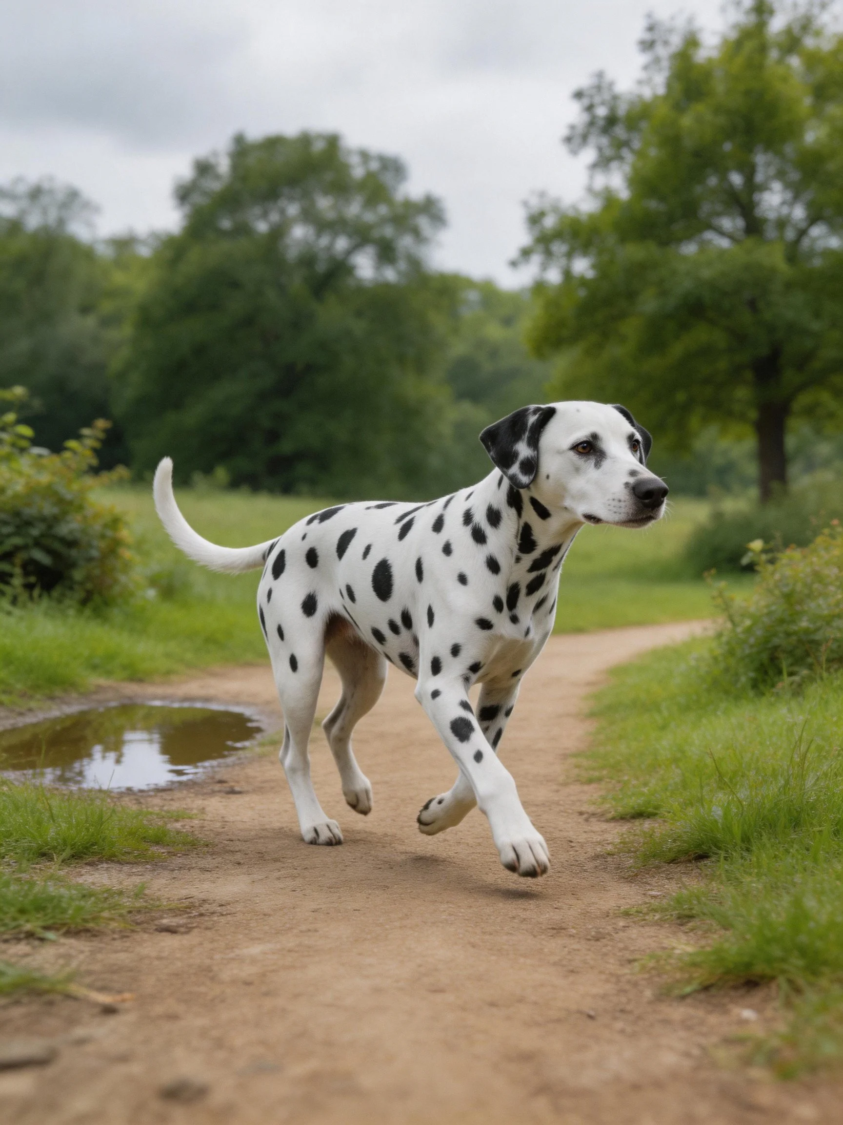 A Dalmatian dog runs along a dirt path in a lush green park.