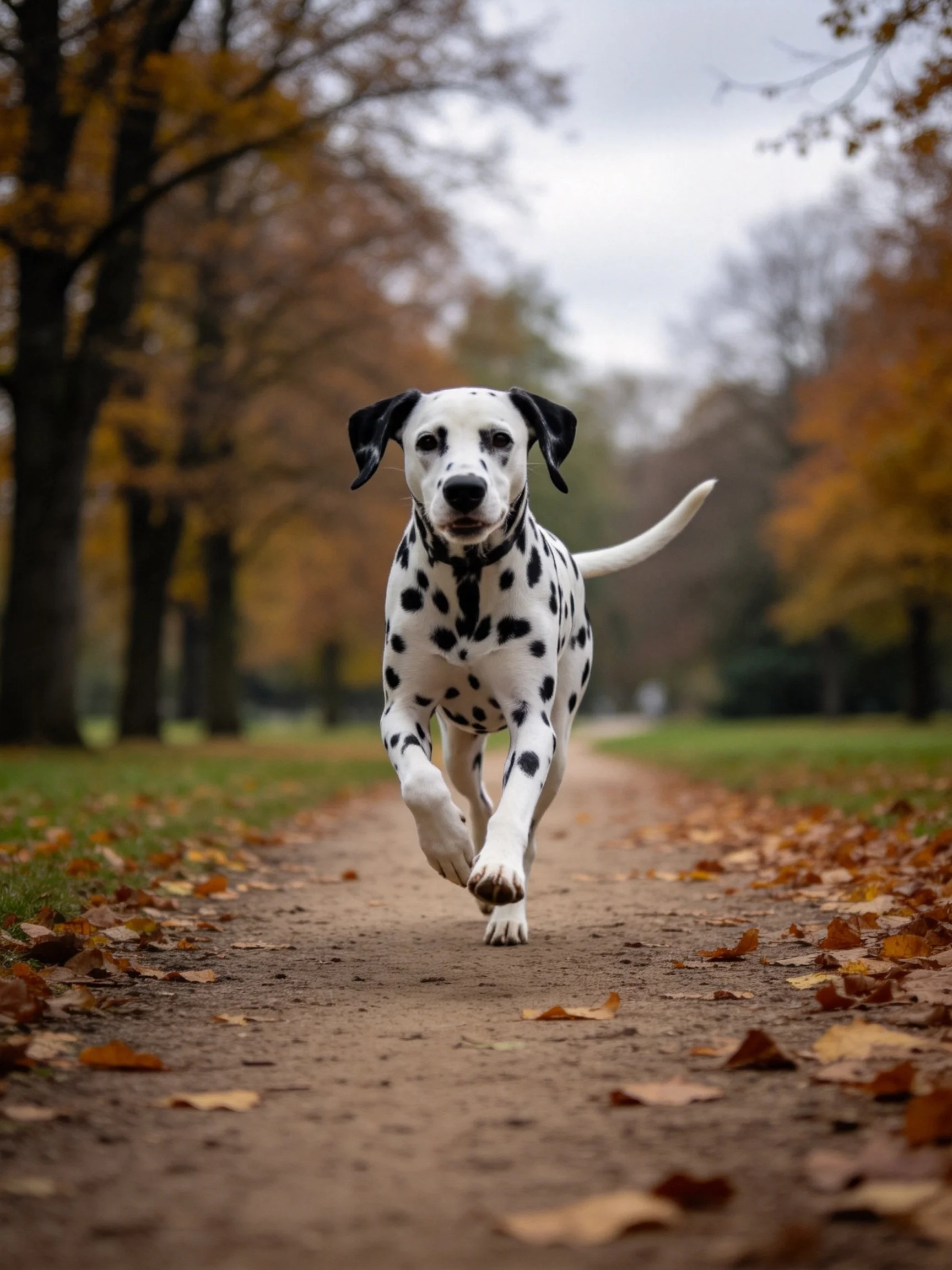 A Dalmatian dog runs down an autumn leaf-strewn path