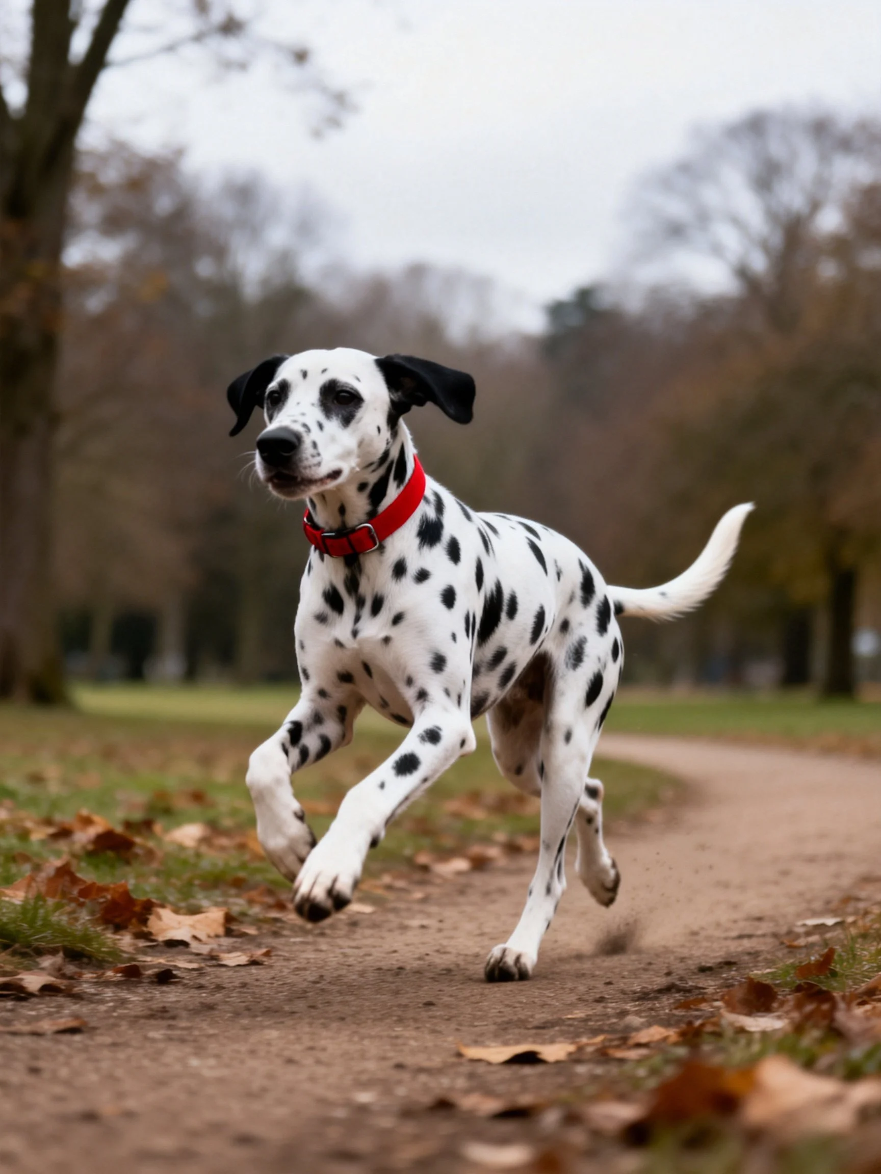 A Dalmatian dog runs energetically on a leaf-strewn path