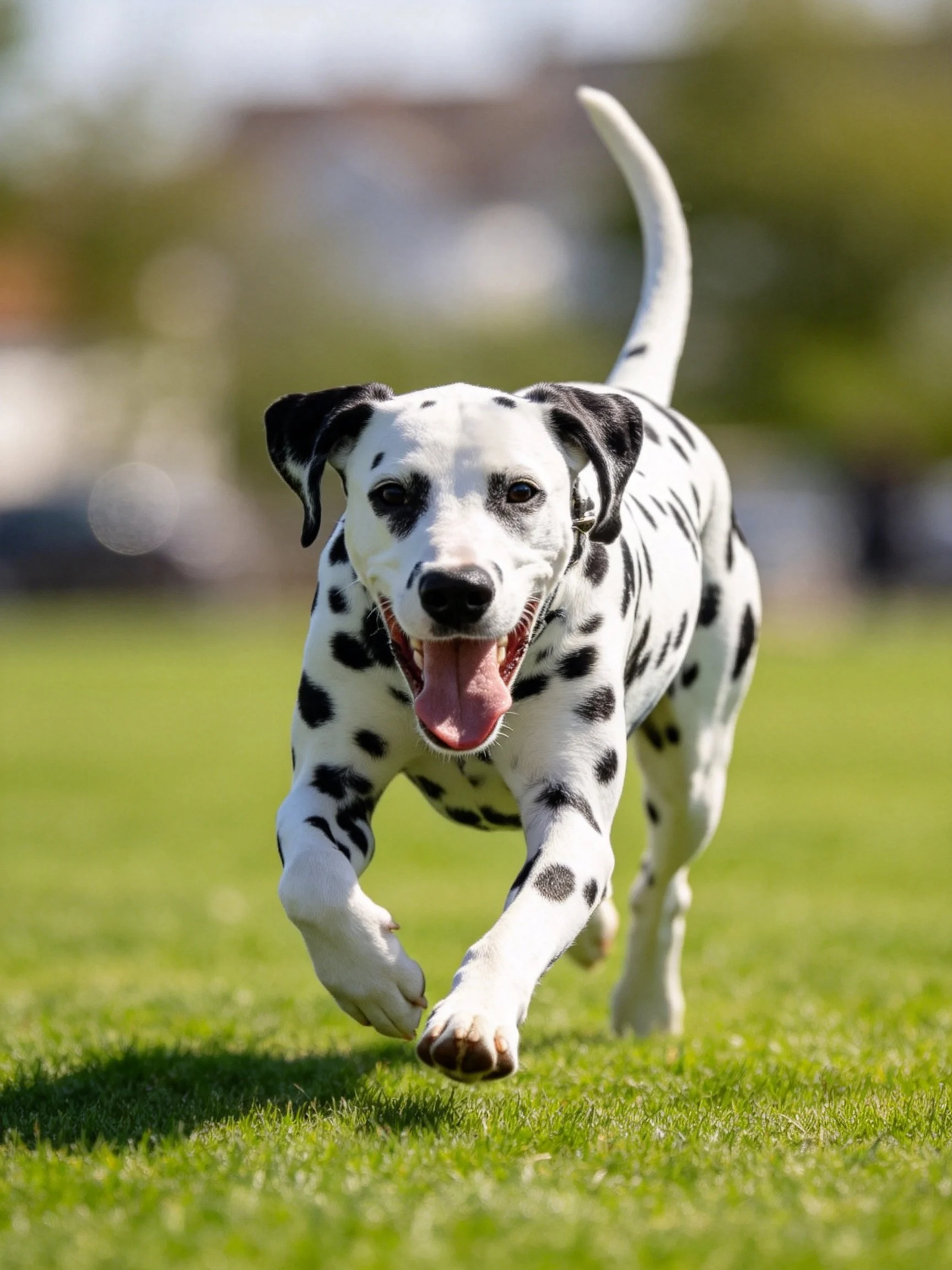A Dalmatian dog runs happily on green grass