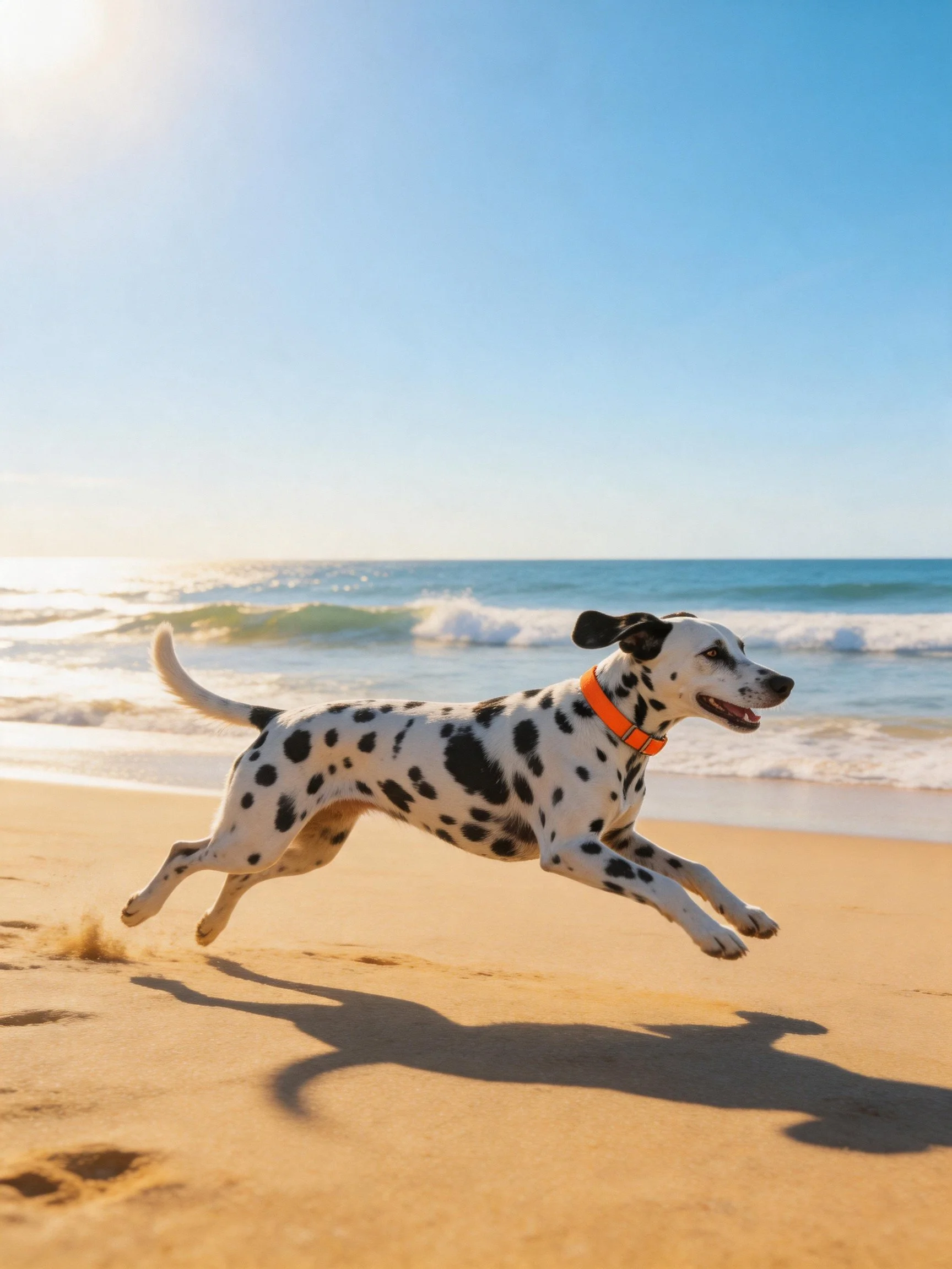 A Dalmatian dog runs joyfully on a sandy beach near the ocean