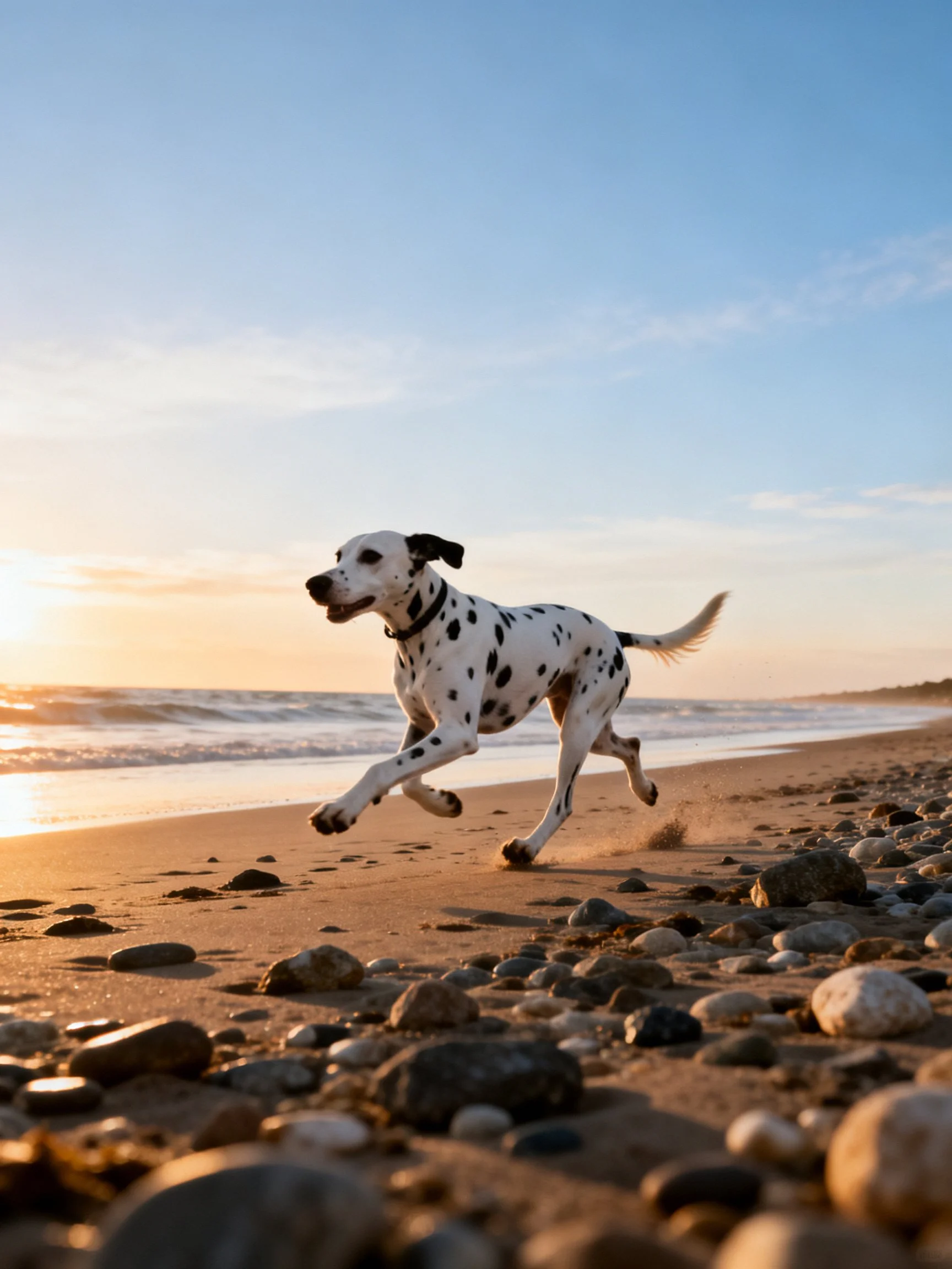 A Dalmatian dog runs on a pebbly beach at sunset