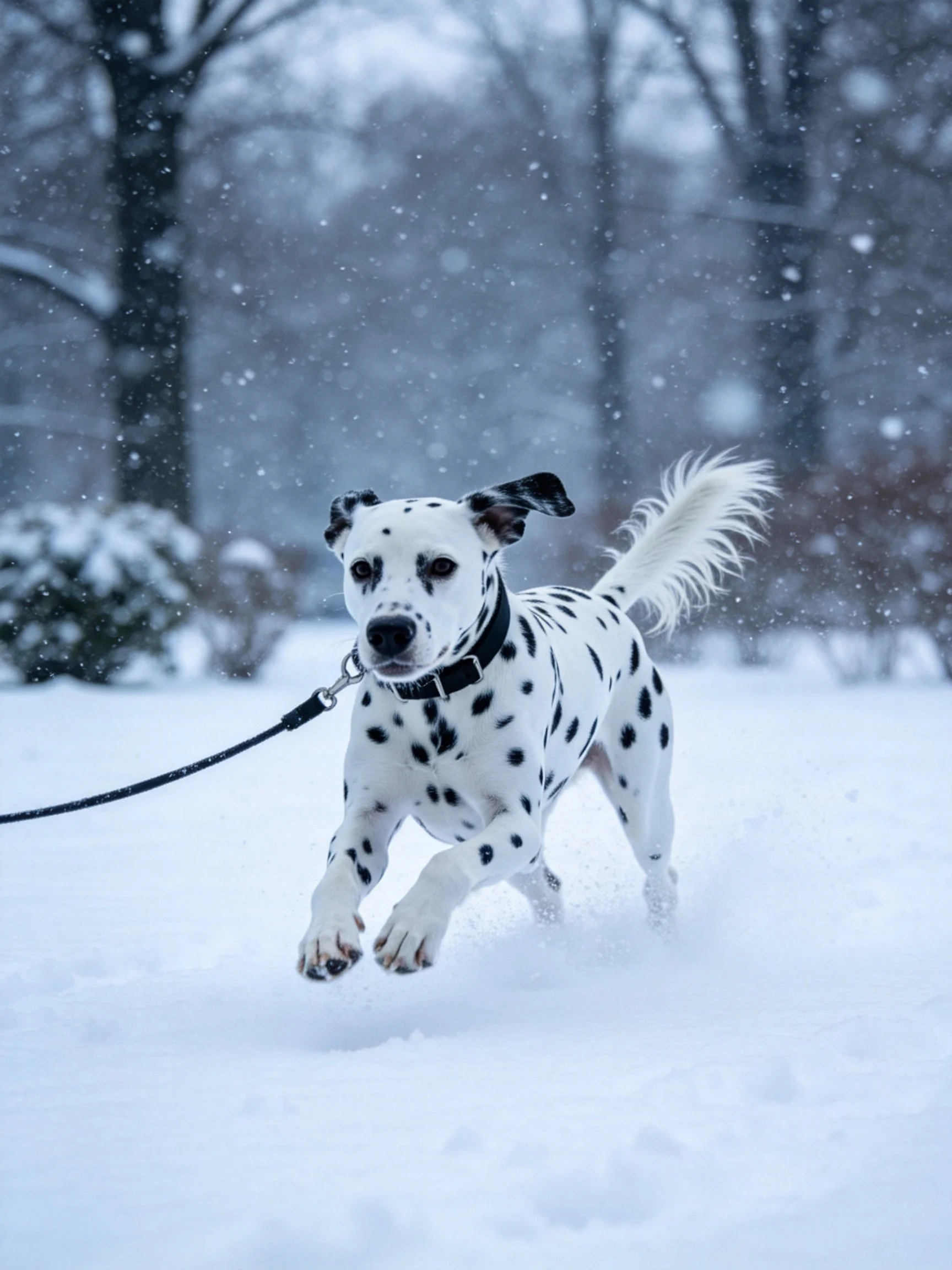 A Dalmatian dog runs through falling snow in a snowy landscape