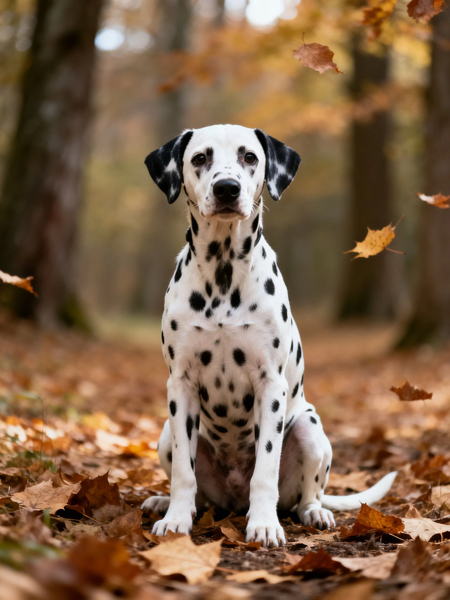 A Dalmatian dog sits calmly among fallen autumn leaves in a forest