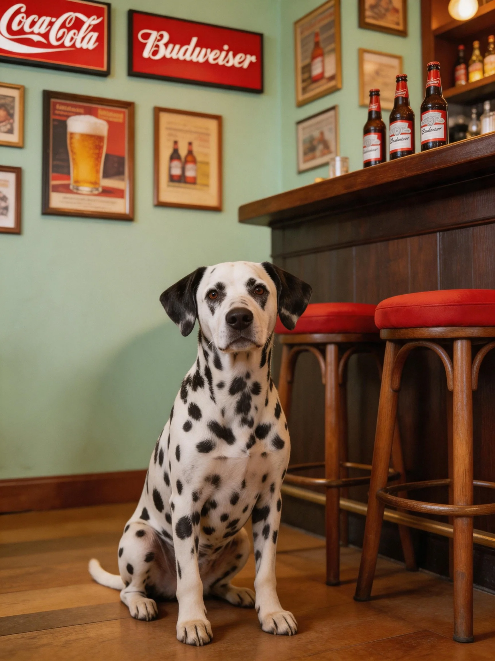 A Dalmatian dog sits in a vintage-themed bar with branded signs