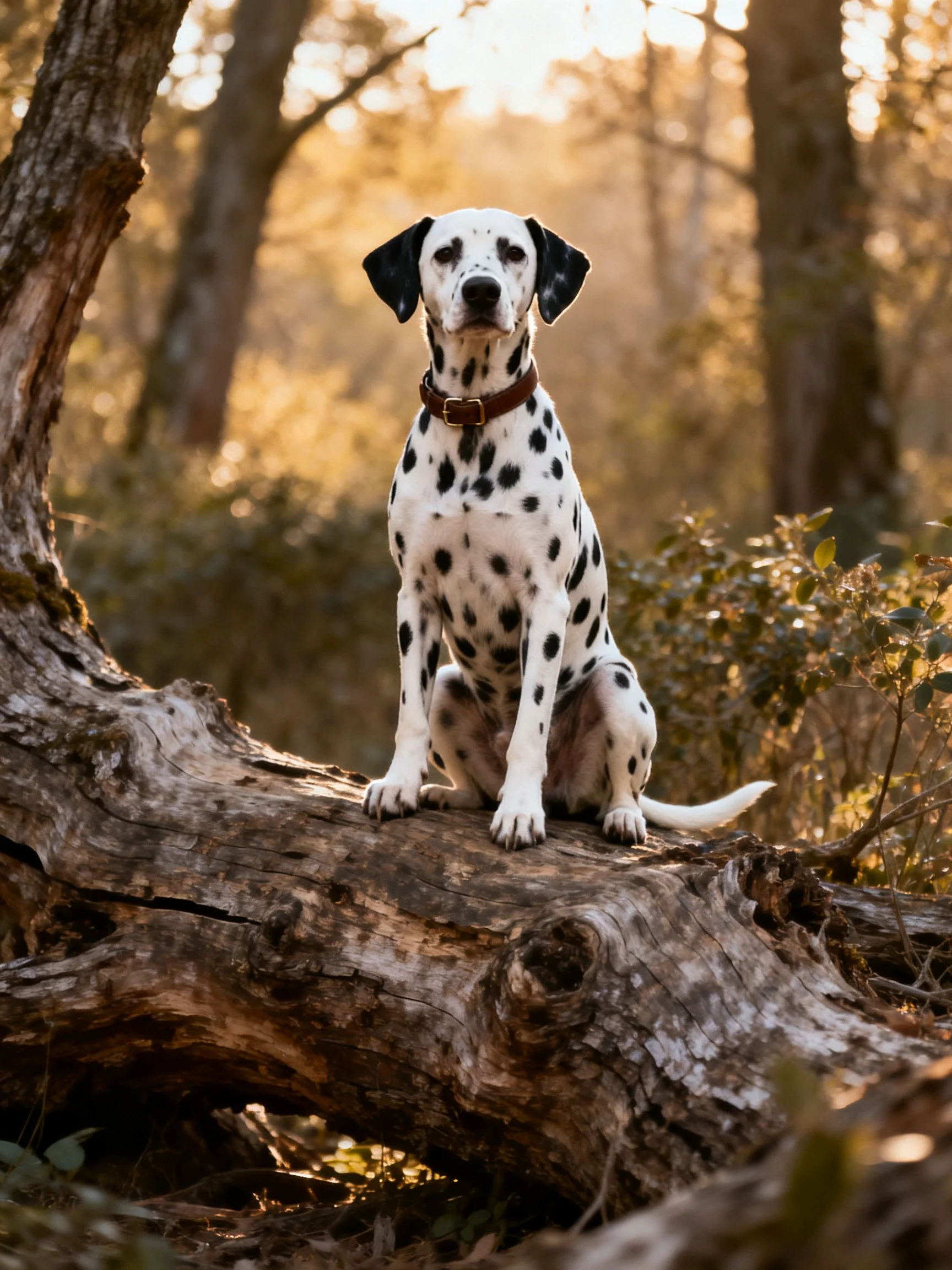 A Dalmatian dog sits on a weathered log in a sunlit forest
