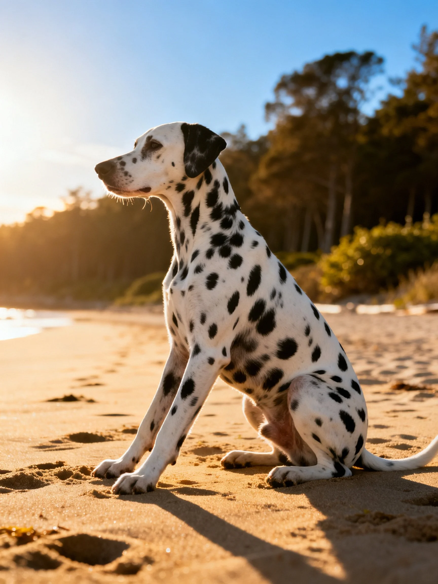 A Dalmatian sits calmly on a sandy beach during golden hour near trees.