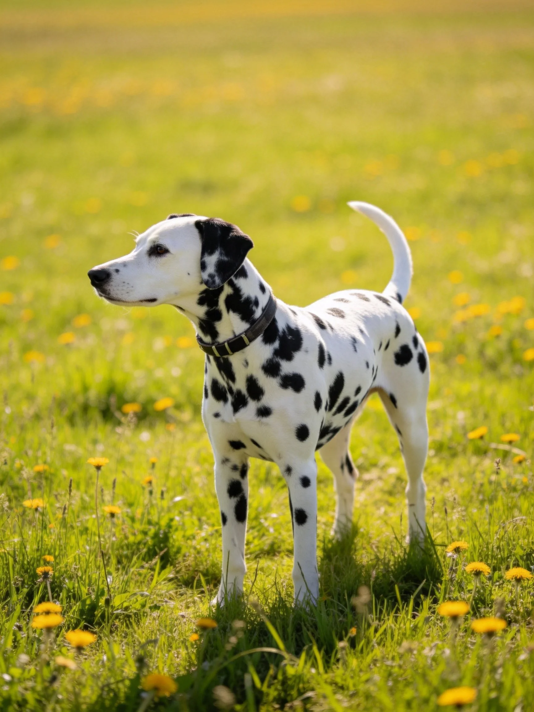 A Dalmatian dog standing in a sunlit meadow with yellow wildflowers