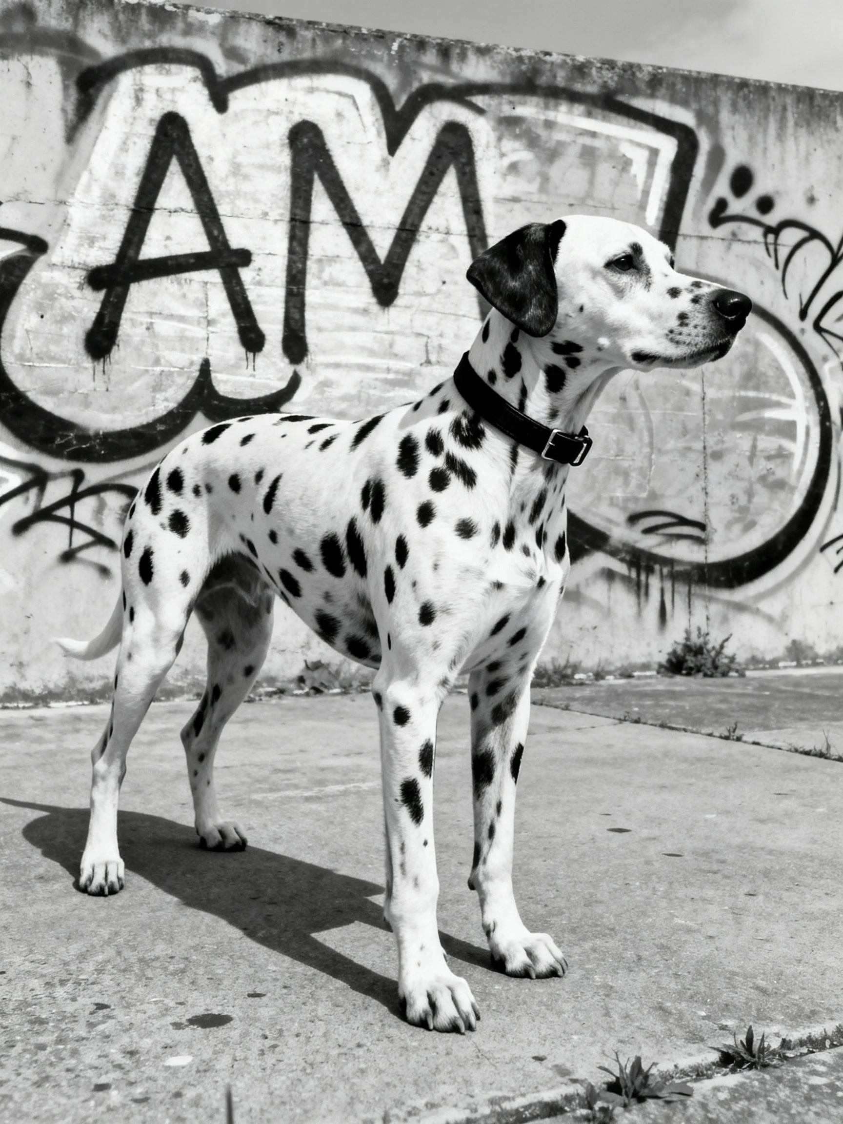 A Dalmatian dog standing near a graffiti-covered concrete wall
