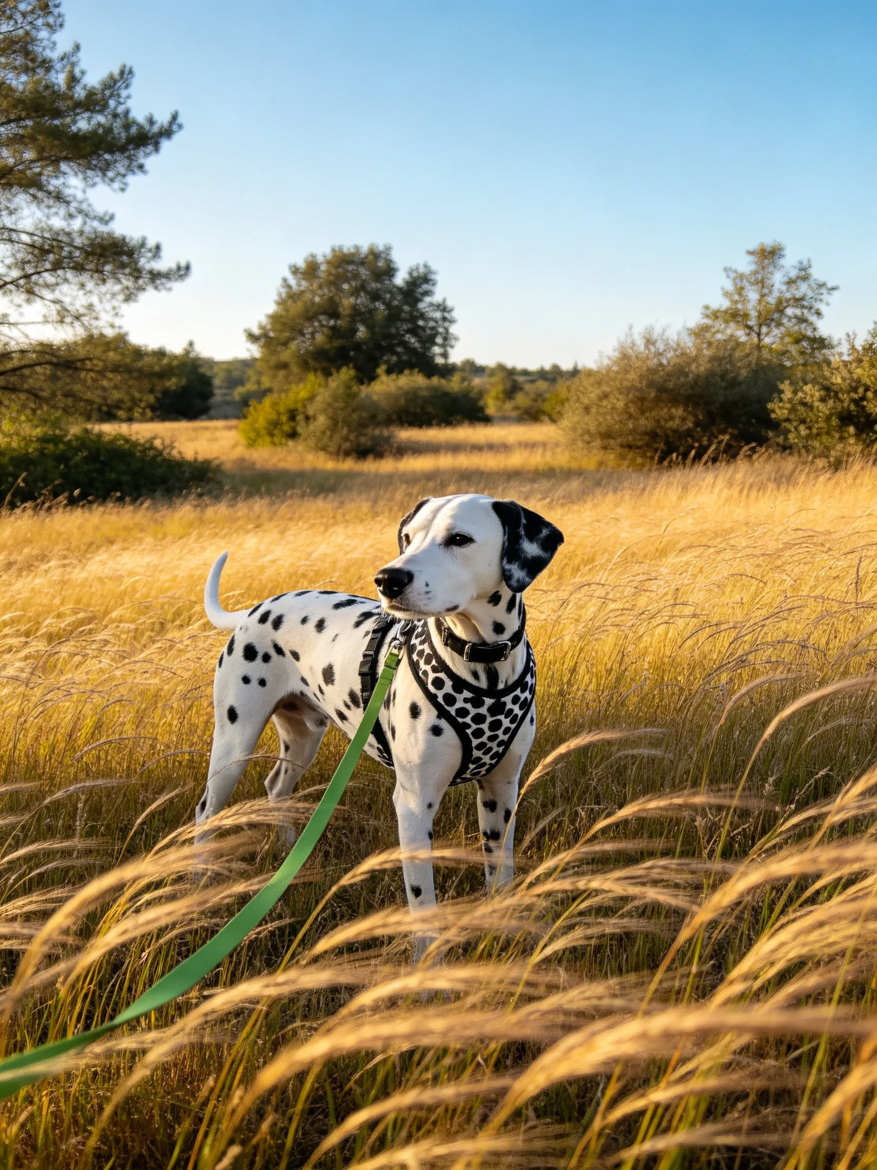 A Dalmatian dog stands in a golden field with a green leash, near trees.