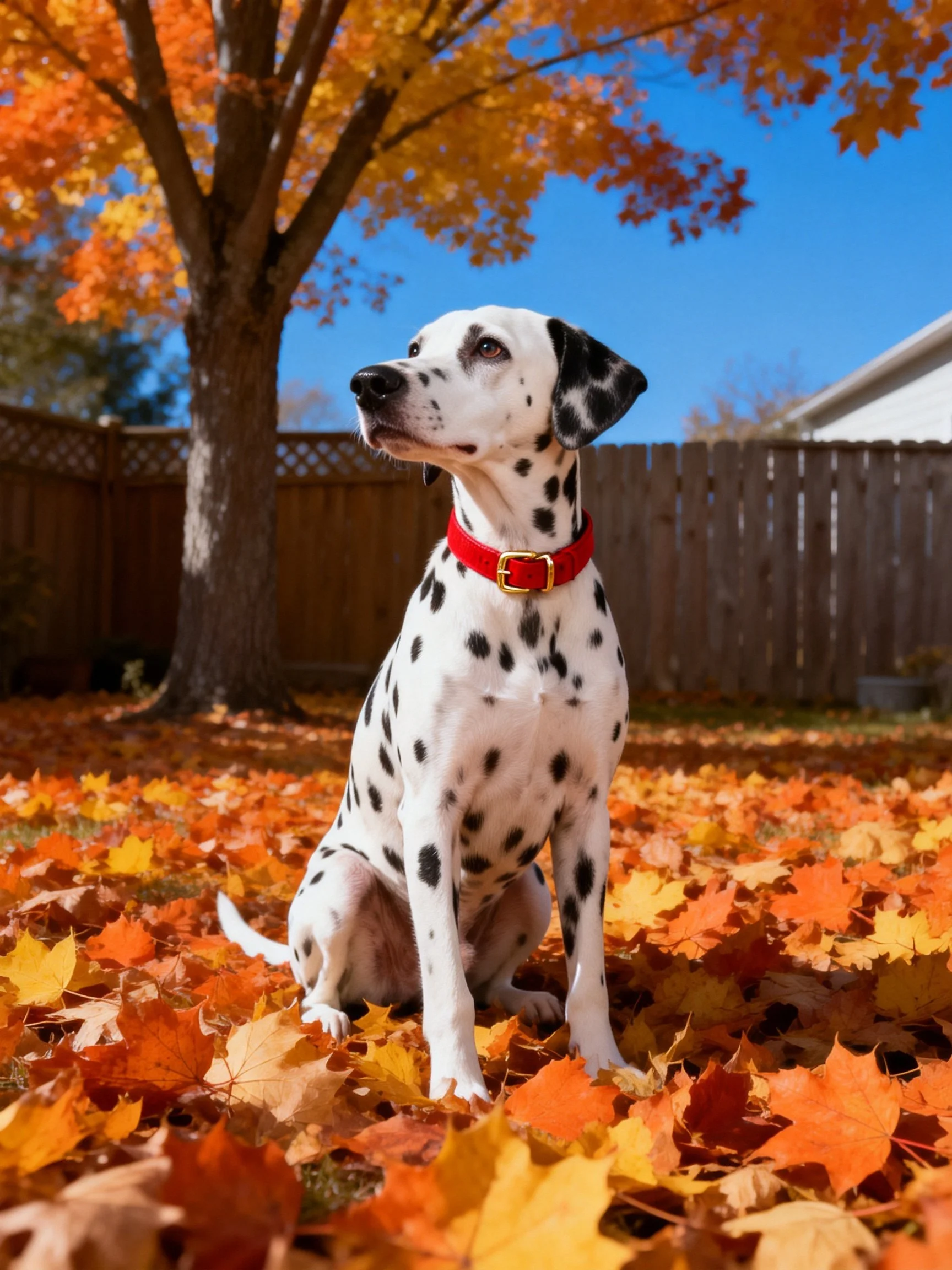 A Dalmatian dog surrounded by vibrant autumn leaves near a wooden fence