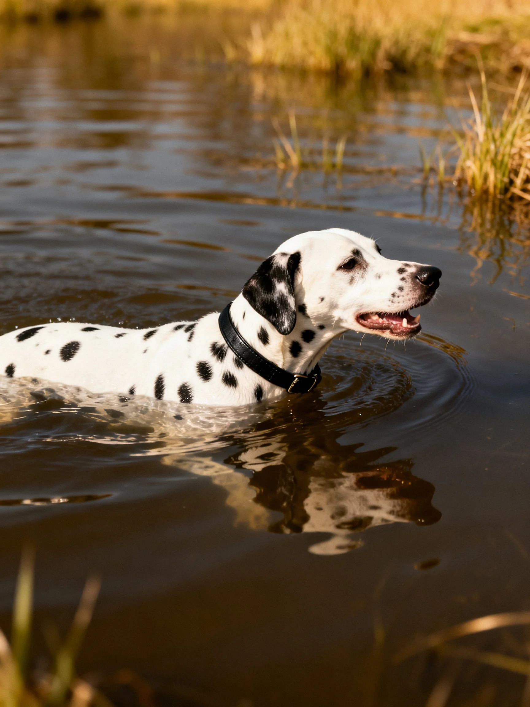 A Dalmatian dog swims in calm brown water near golden reeds