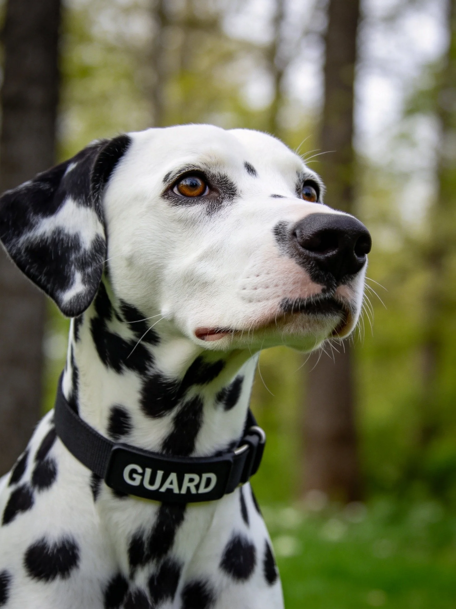 A Dalmatian dog wearing a Guard collar in a forested outdoor setting