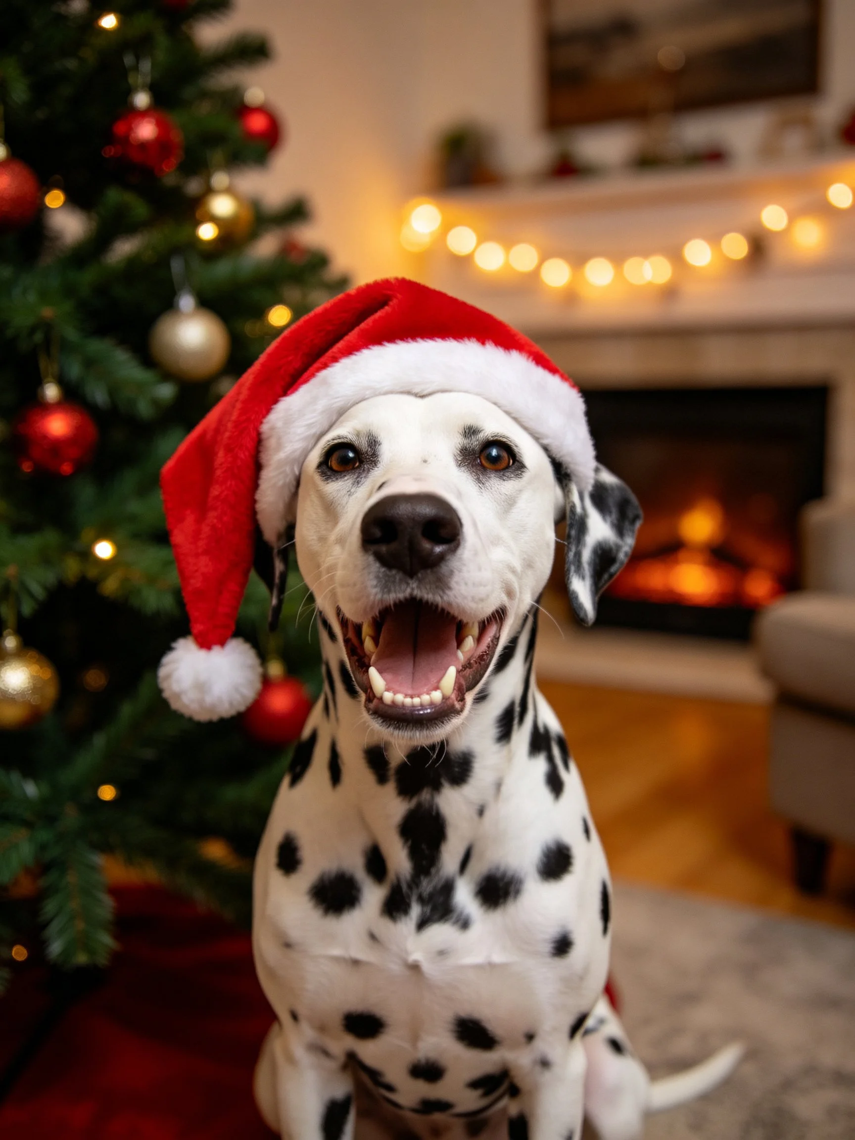 A Dalmatian dog wearing a red Santa hat beside a decorated Christmas tree