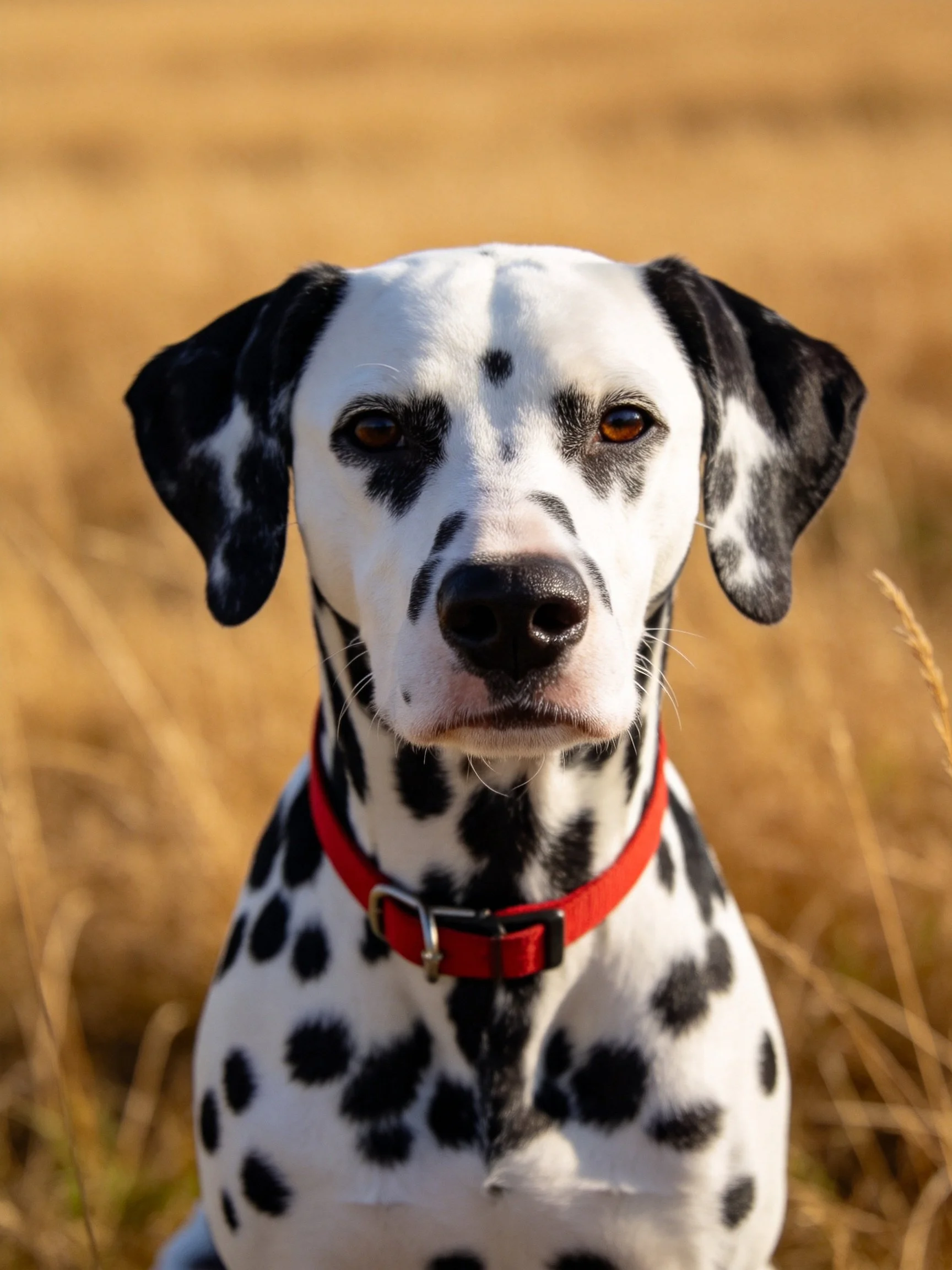 A Dalmatian dog wearing a red collar sits in a golden field