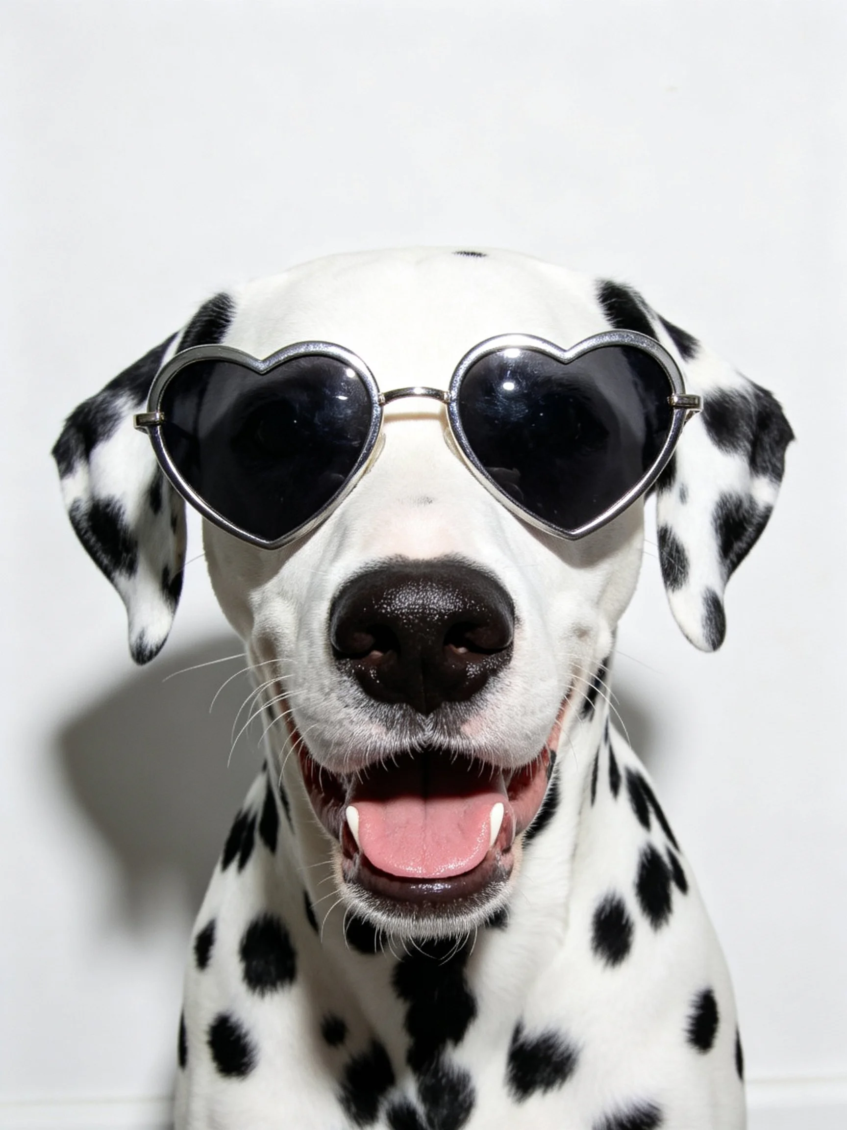 A Dalmatian dog wearing heart - shaped black sunglasses