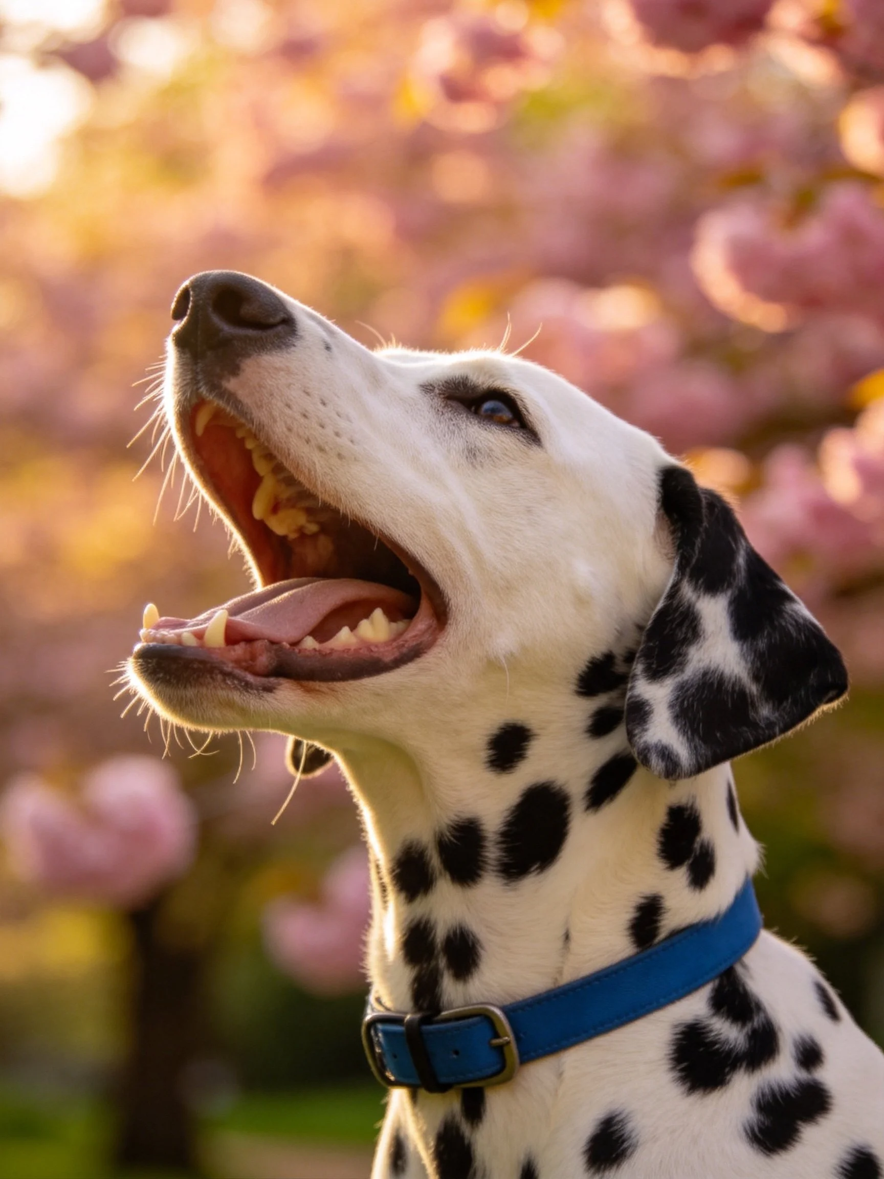 A Dalmatian dog with black spots, blue collar, among pink cherry blossoms