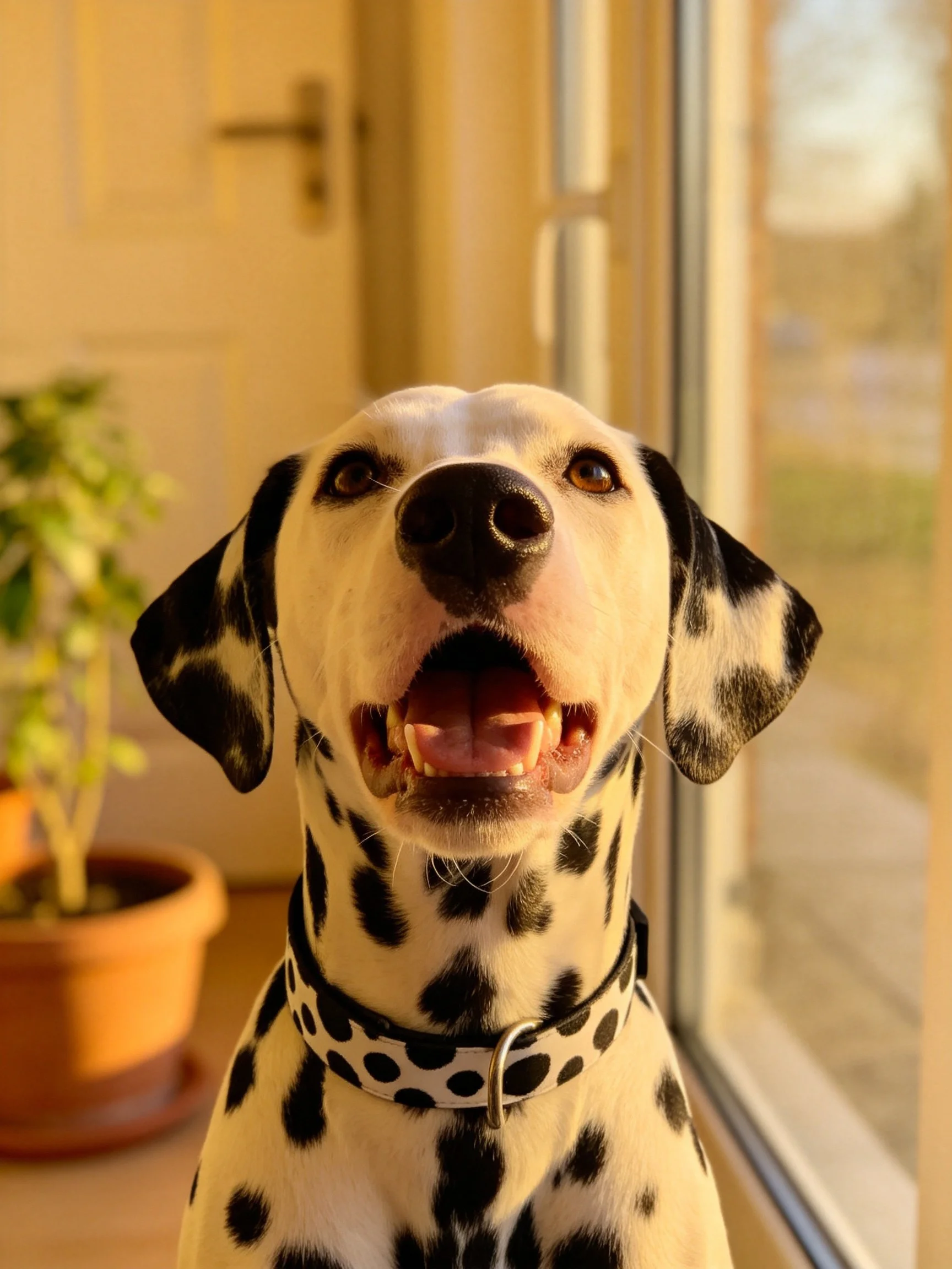A Dalmatian dog with an open mouth is near a sunlit window.