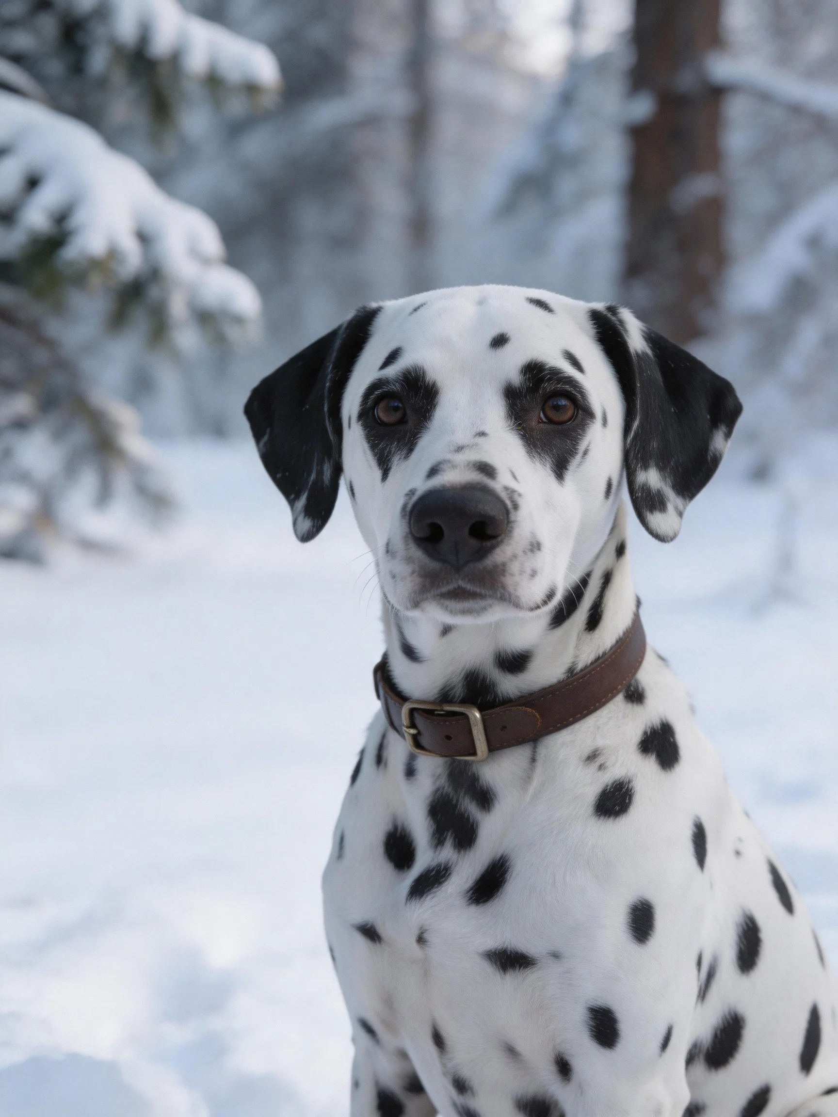 A Dalmatian dog with black spots in a snowy forest