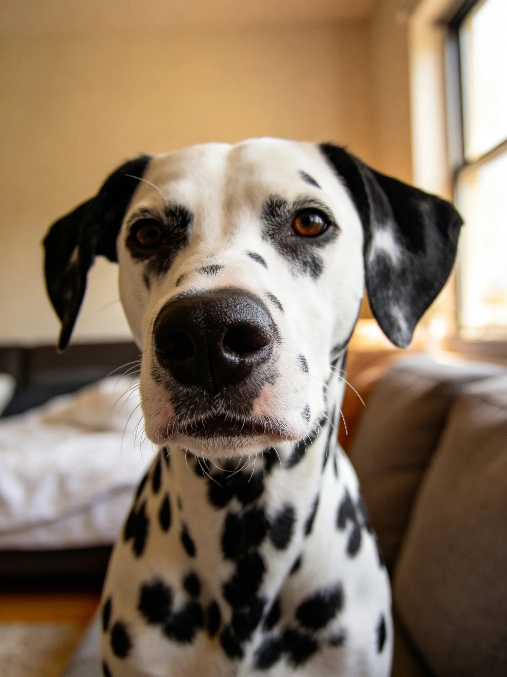 A Dalmatiandog with black spots is photographed up close in a home setting.