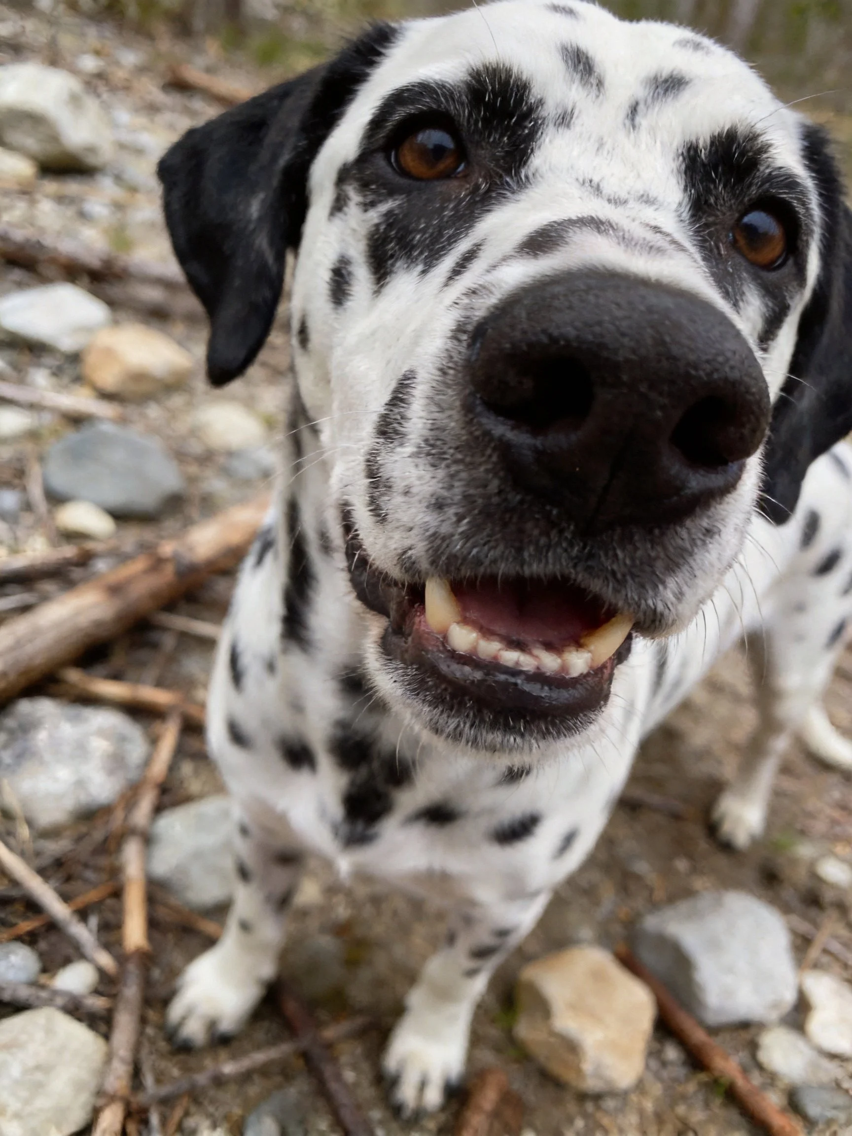 A Dalmatian dog with black spots on white fur near rocks and twigs