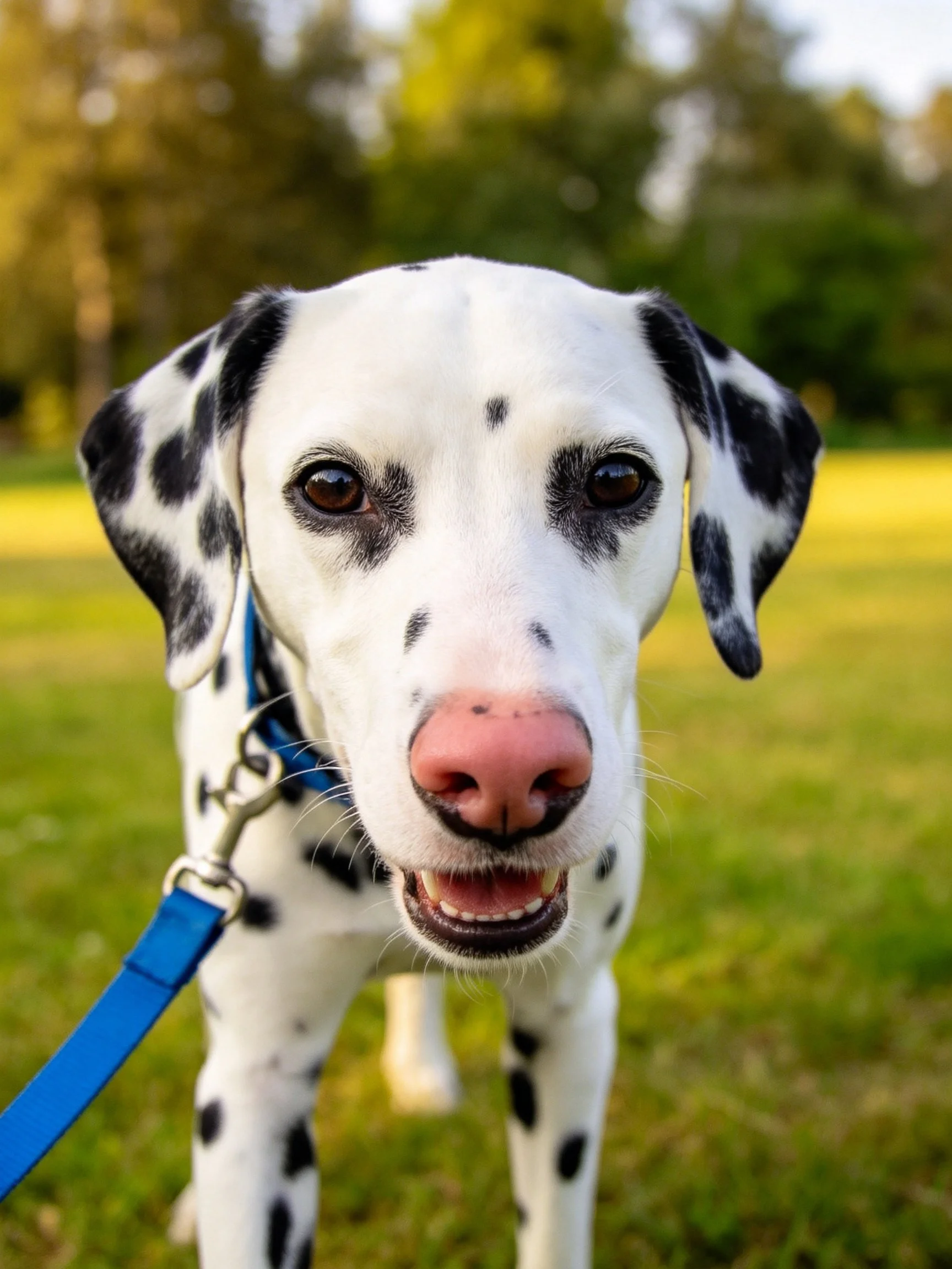 A Dalmatian dog stands on grass with a blue leash attached.