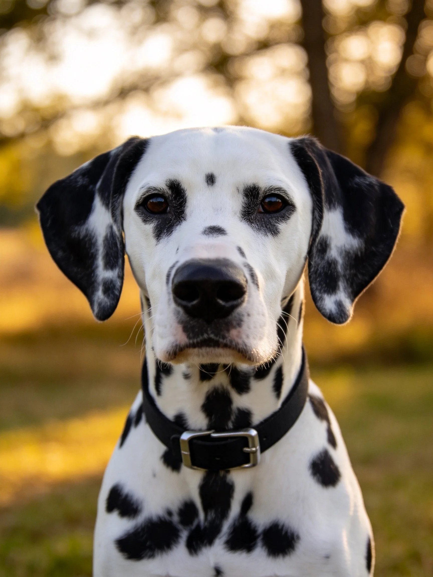 A Dalmatian dog stands outdoors with distinct black spots on its white fur.