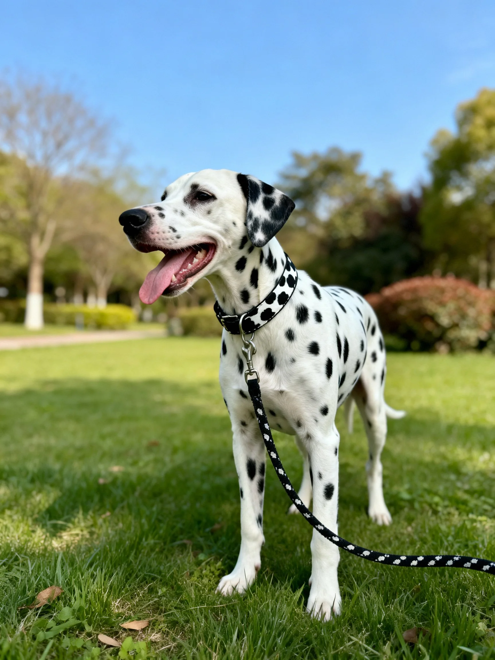 A Dalmatian dog with black spots stands on green grass in a sunny park