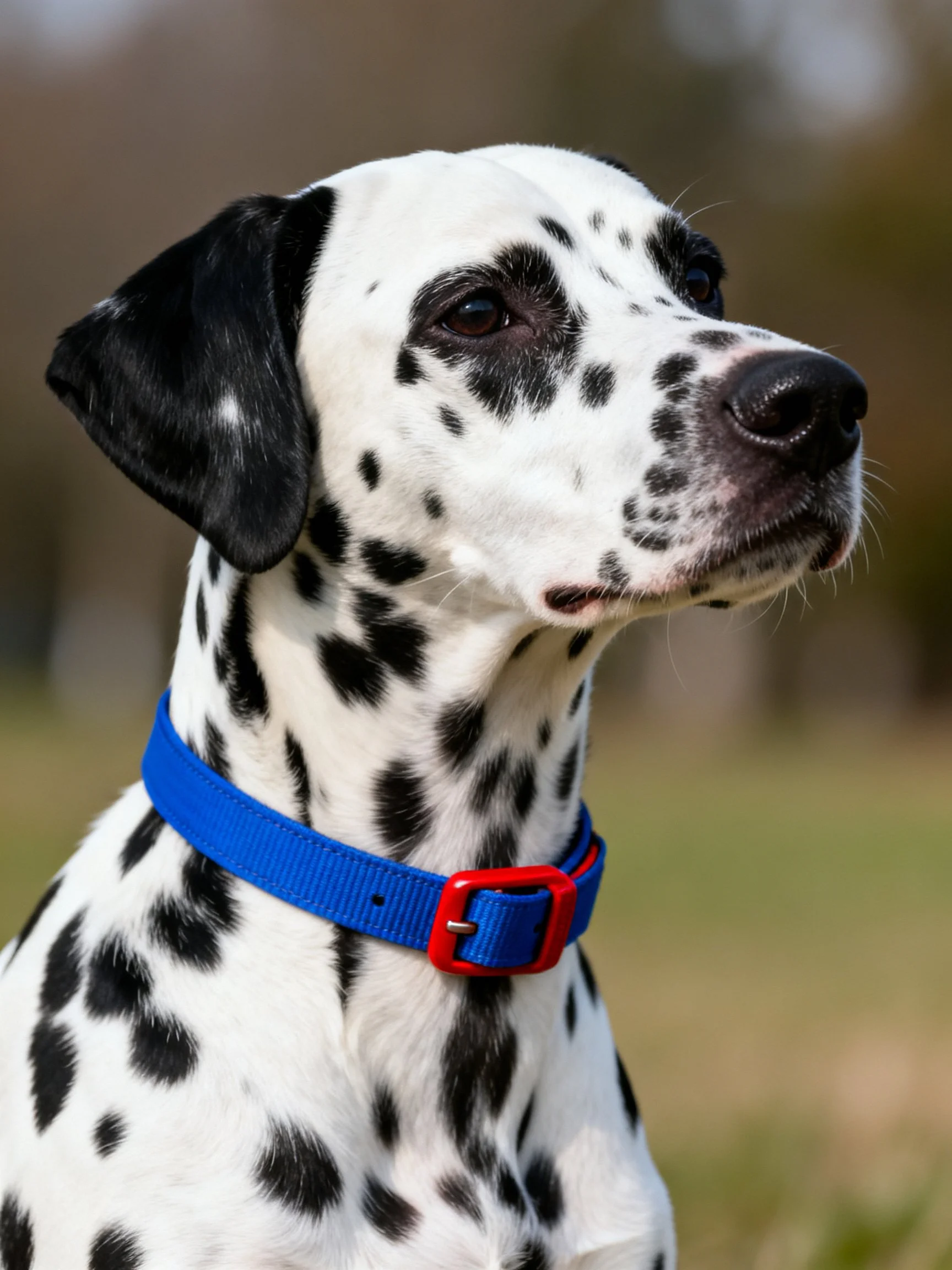 A Dalmatian dog with black spots wearing a blue collar