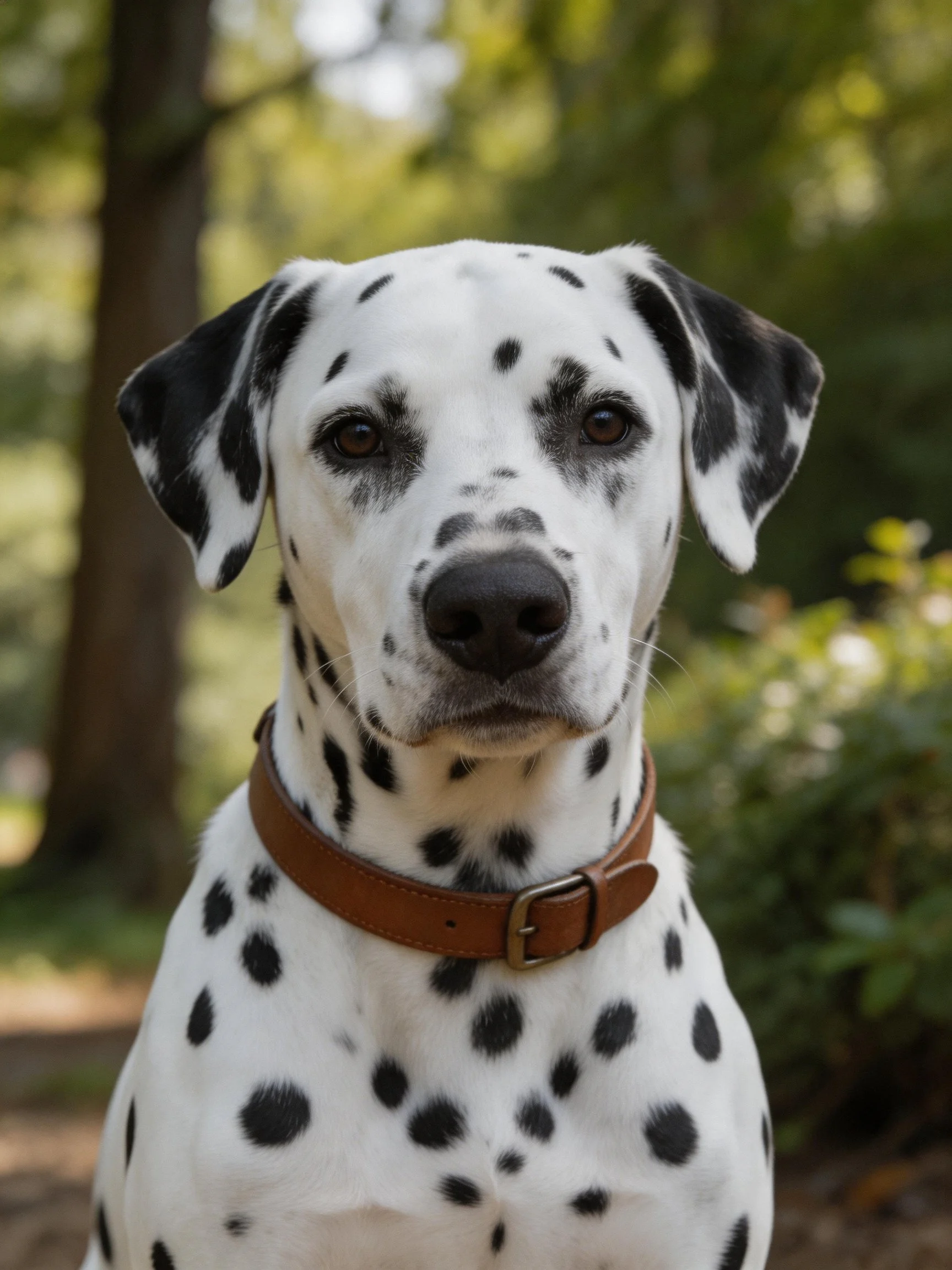 A Dalmatian dog with black spots wearing a brown collar