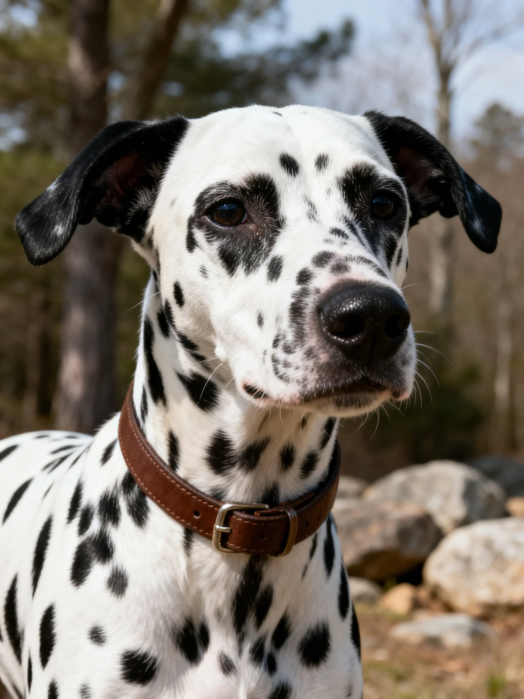 A Dalmatian dog with black spots wears a brown leather collar outdoors